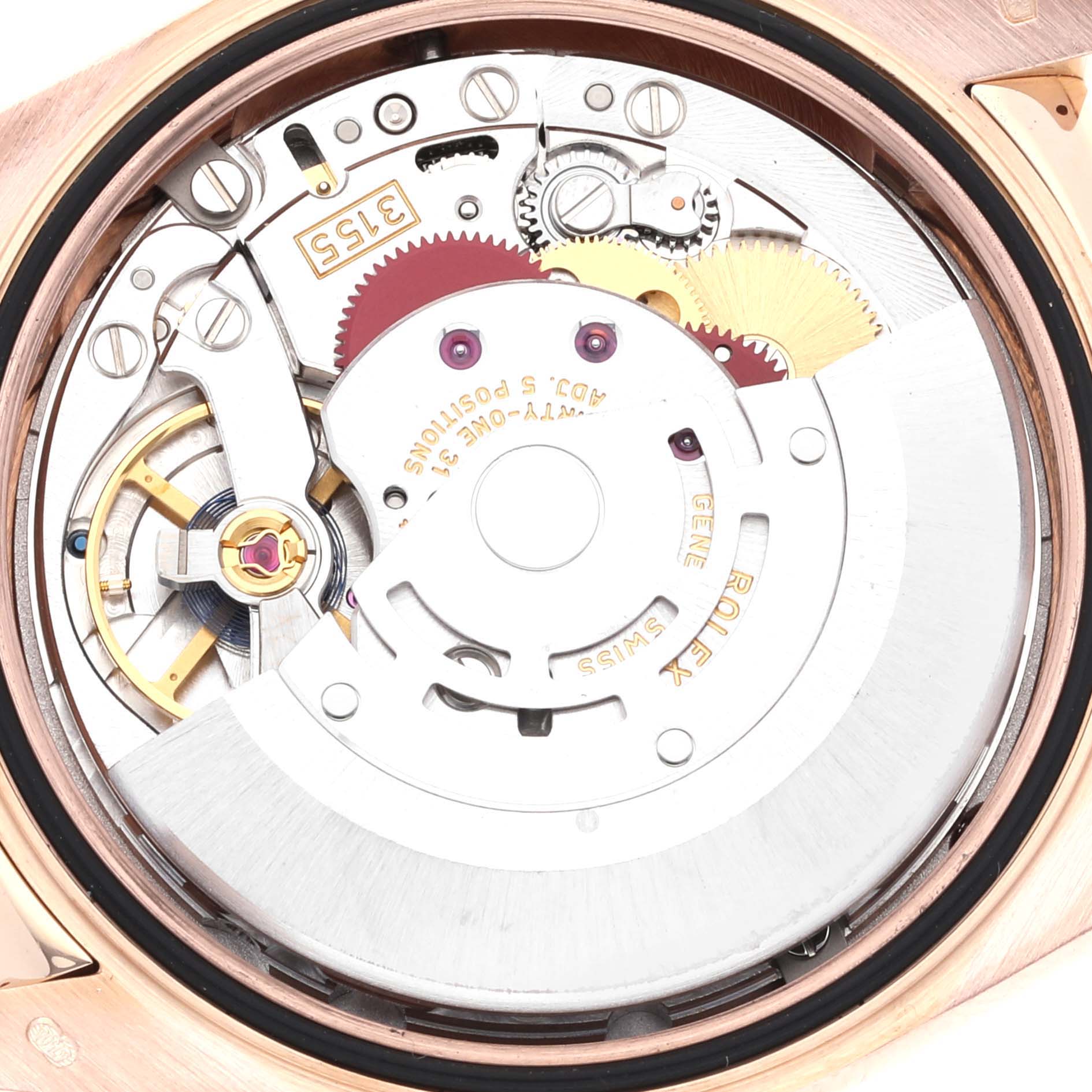 This image shows the movement and internal mechanism of a Rolex President 118135 Men
s Rose Gold Brown Dial 118135 Men
s Rose Gold Brown Dial model watch from the back.