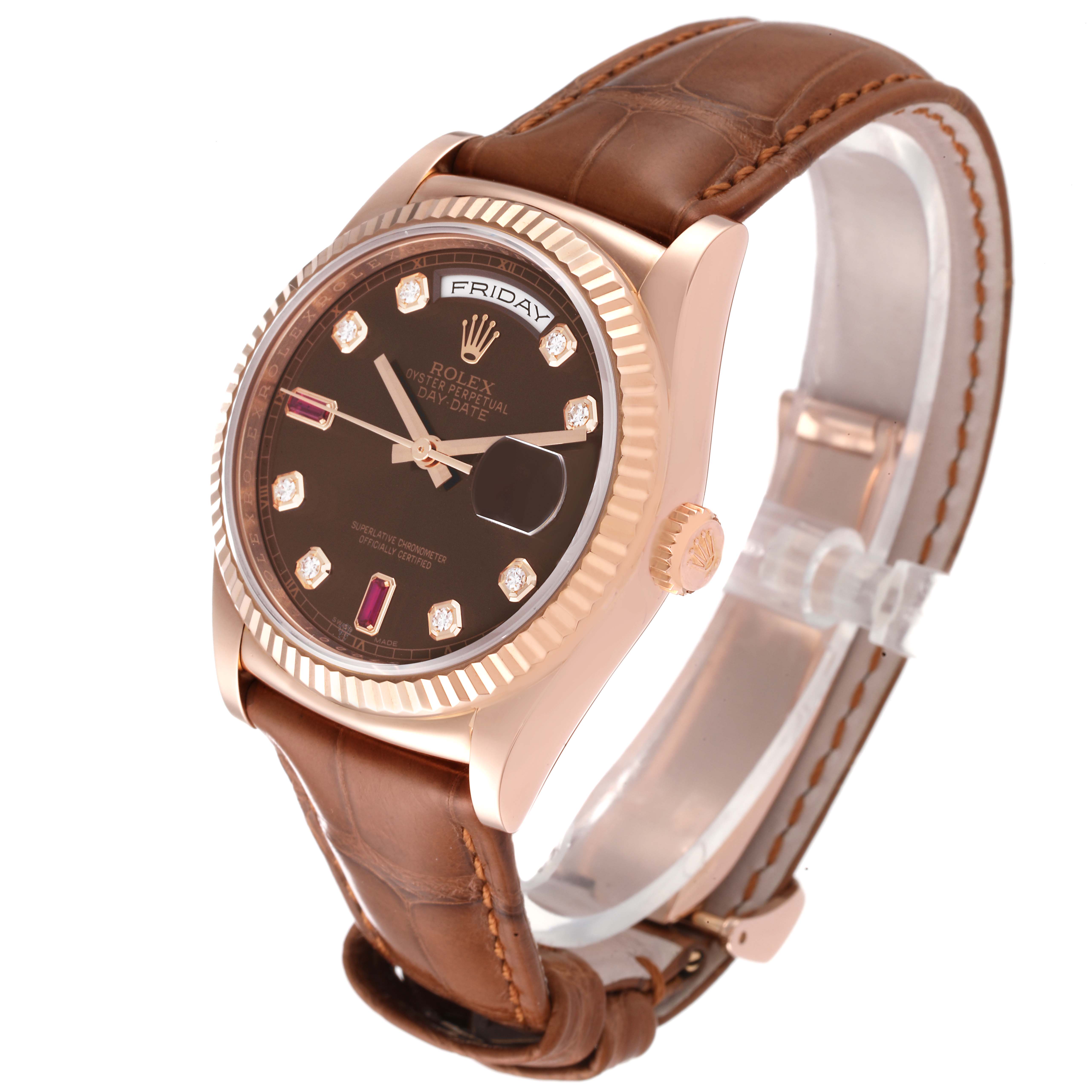 This image shows a Rolex President 118135 Men
s Rose Gold Brown Dial 118135 Men
s Rose Gold Brown Dial model watch at a three-quarter angle, highlighting its face, bezel, and strap.