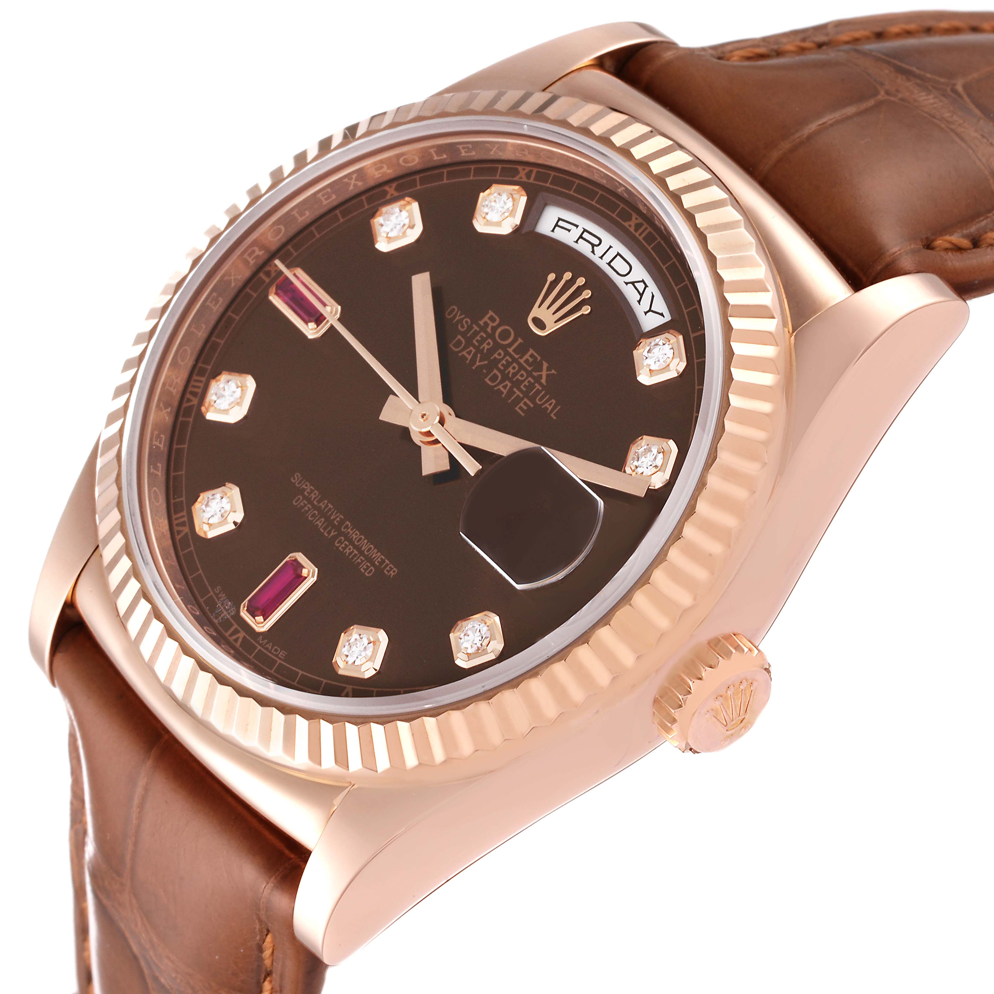 This image shows a close-up angle of the Rolex President 118135 Men
s Rose Gold Brown Dial 118135 Men
s Rose Gold Brown Dial watch, highlighting its dial, bezel, crown, and leather strap.