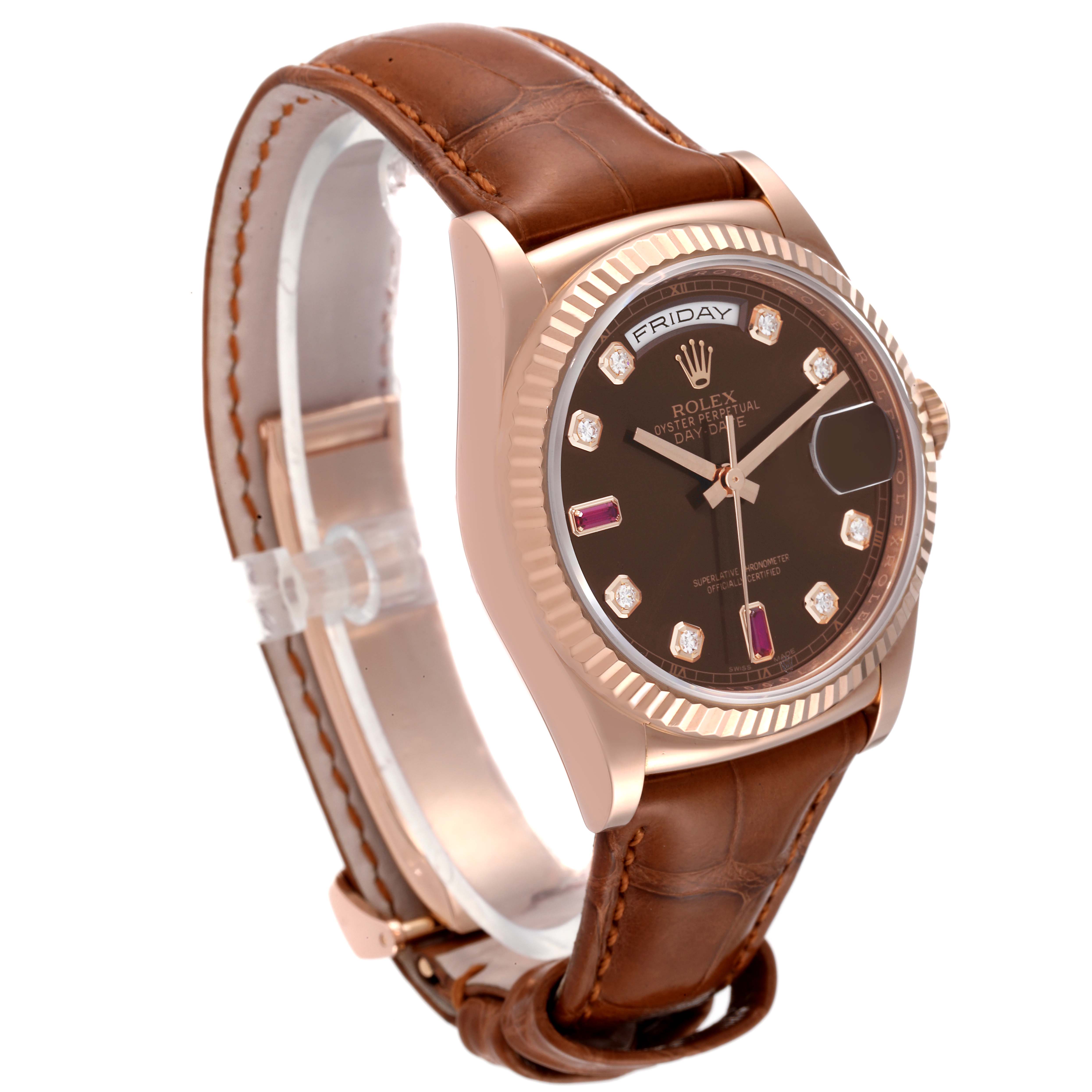 The Rolex President 118135 Men
s Rose Gold Brown Dial 118135 Men
s Rose Gold Brown Dial model watch is shown at an angled view, highlighting its face, bezel, and leather strap.
