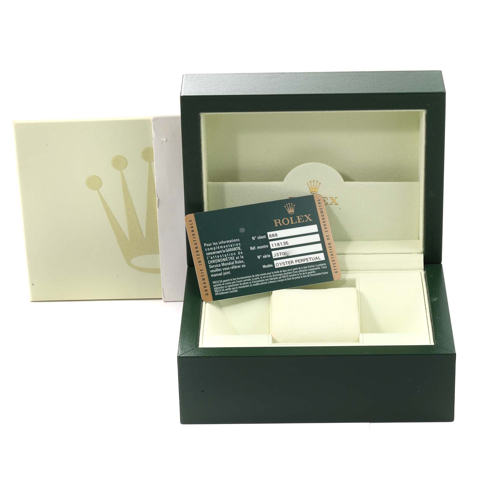The image shows the box and Best Quality
ation card for a Rolex President 118135 Men
s Rose Gold Brown Dial 118135 Men
s Rose Gold Brown Dial model watch from a slightly elevated angle.