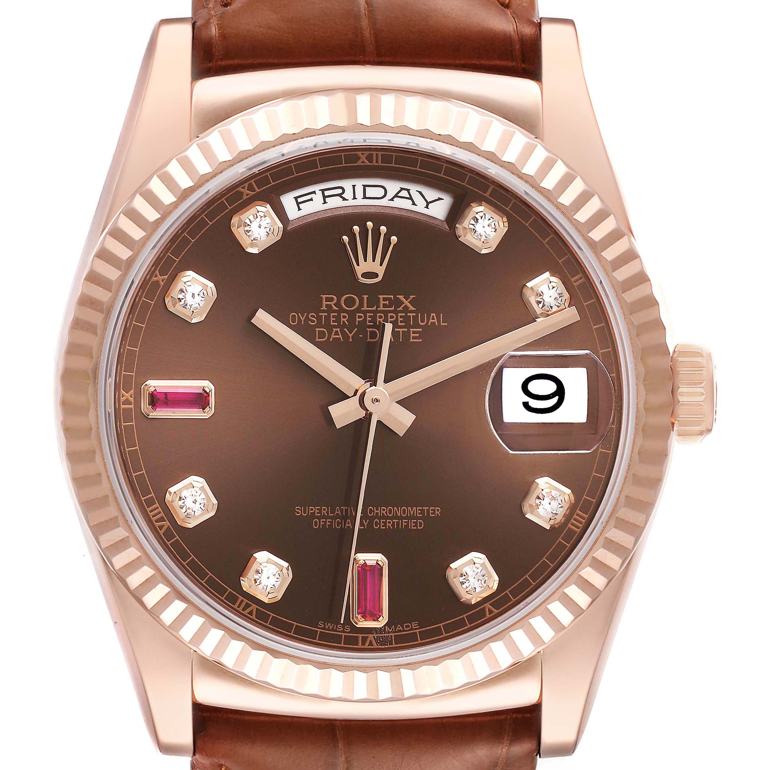 The Rolex President 118135 Men
s Rose Gold Brown Dial 118135 Men
s Rose Gold Brown Dial model watch is shown from a front angle, highlighting the dial, hands, day-date display, and bezel.
