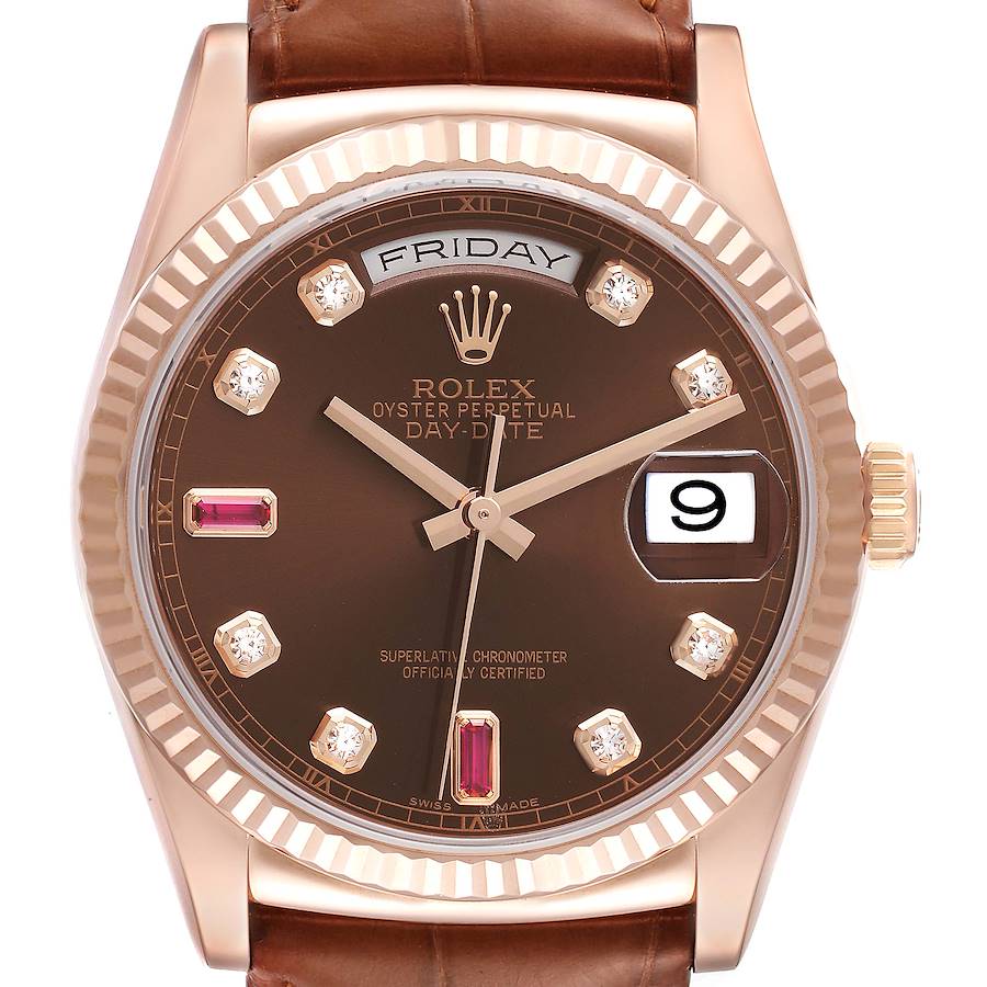 Rolex President Day Date Rose Gold Diamond Ruby Dial Mens Watch 118135 Box Card SwissWatchExpo