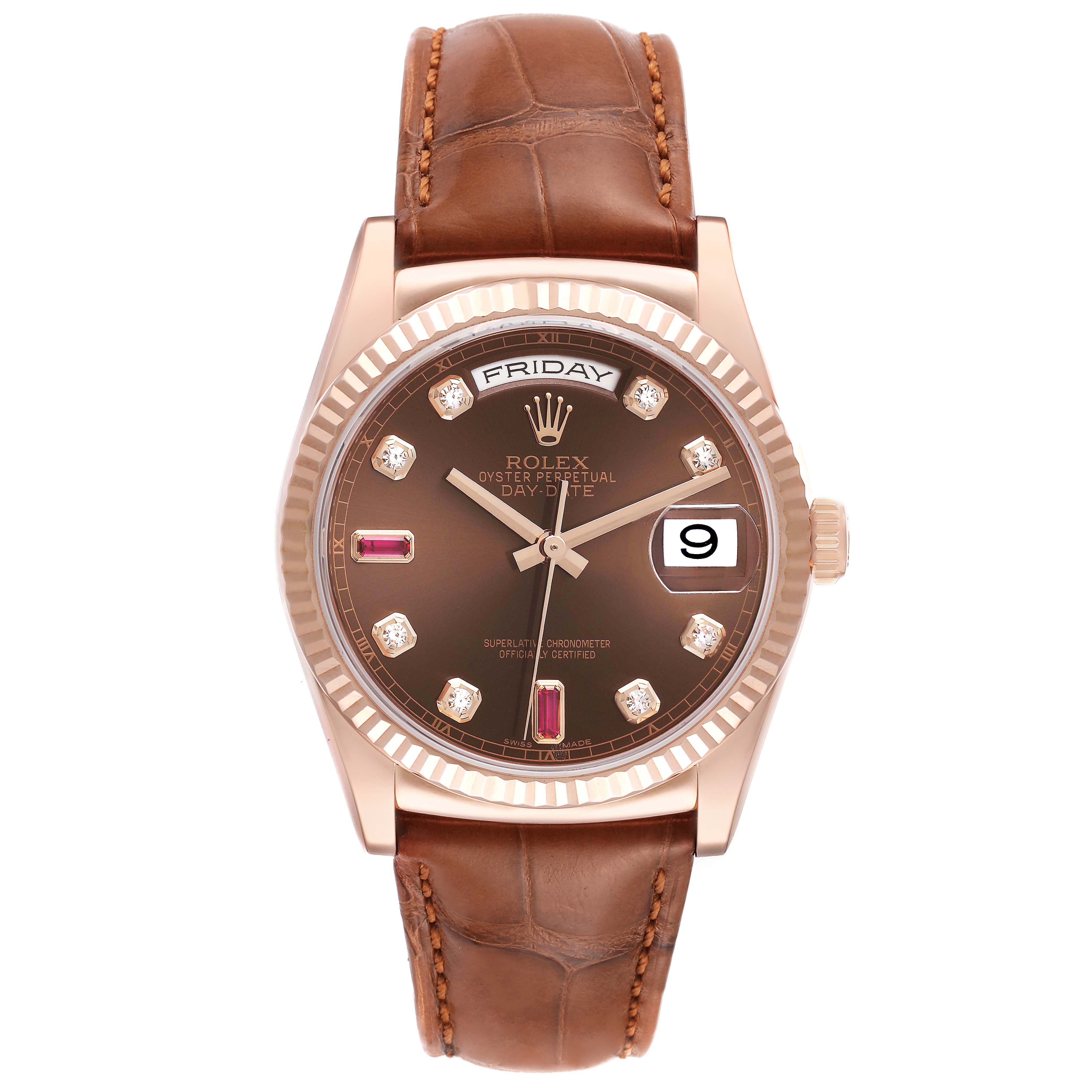 This Rolex President 118135 Men
s Rose Gold Brown Dial 118135 Men
s Rose Gold Brown Dial model watch is shown from the front, displaying a brown dial, diamond indices, and a leather strap.