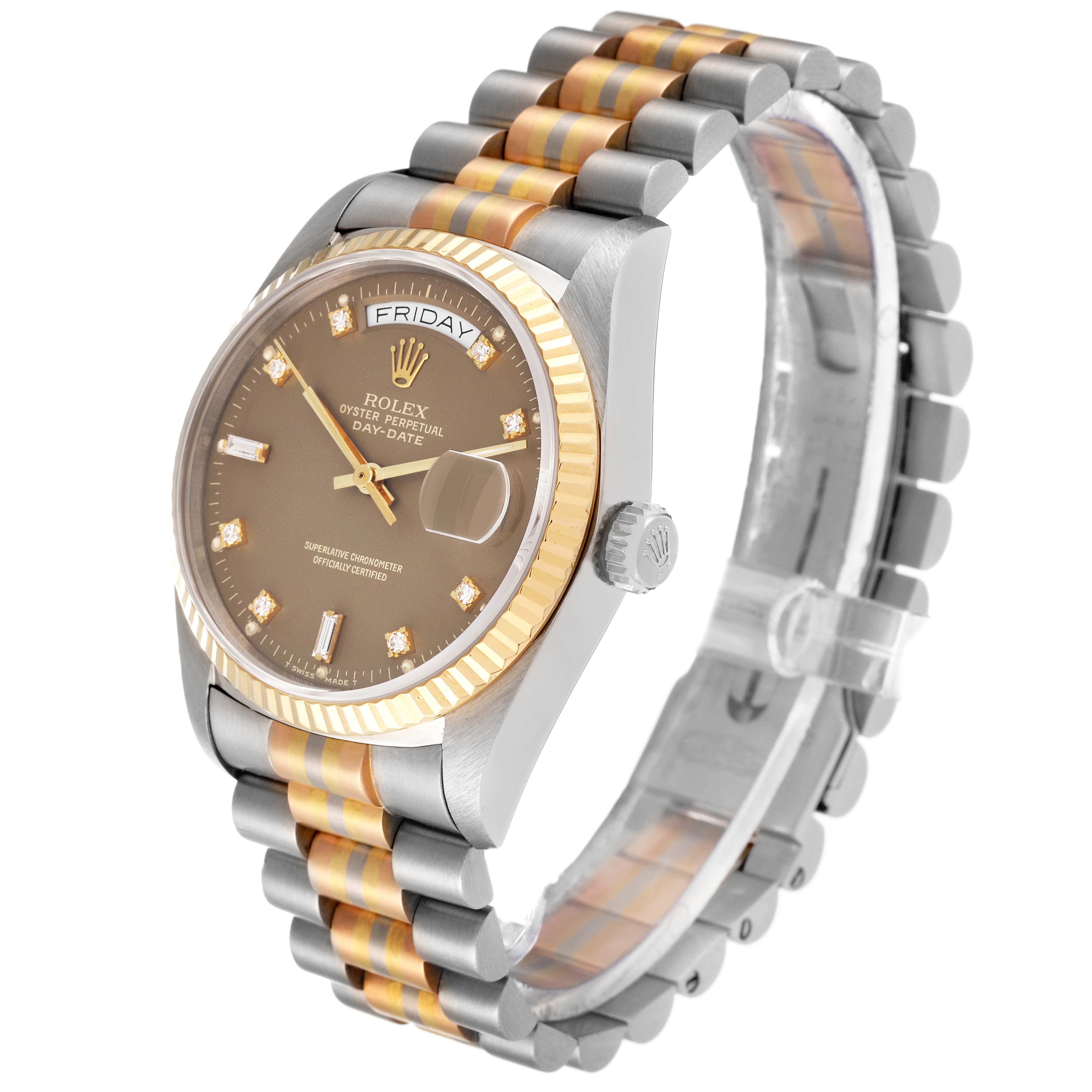 The Rolex President 18039B Men's White Gold Brown Dial 18039B Men's White Gold Brown Dial model is shown from an angled perspective, highlighting the dial, bezel, and two-tone bracelet.