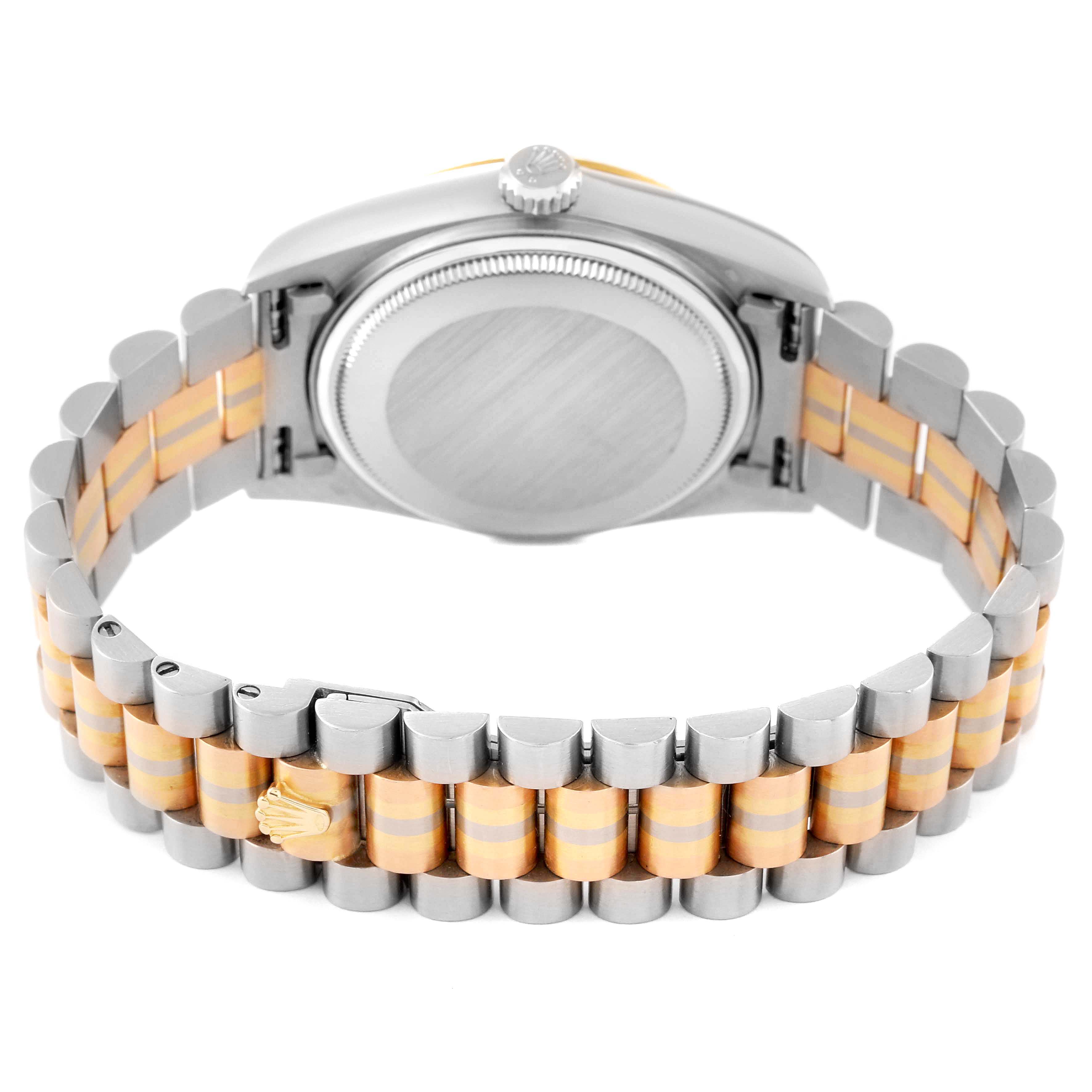 This image shows the back casing and bracelet of a Rolex President 18039B Men's White Gold Brown Dial 18039B Men's White Gold Brown Dial model watch from a rear angle.