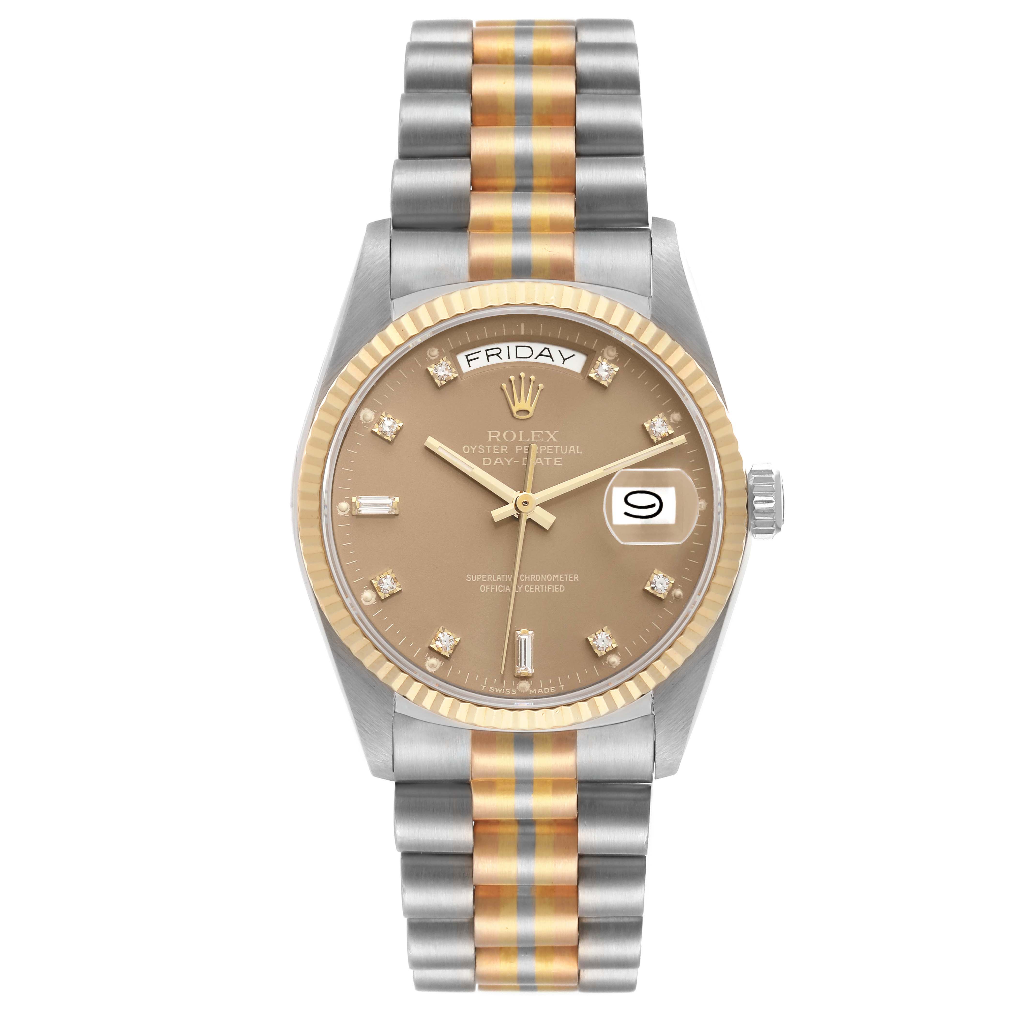 The Rolex President 18039B Men's White Gold Brown Dial 18039B Men's White Gold Brown Dial model watch is shown from a top-down angle, displaying the dial, bracelet, and bezel.