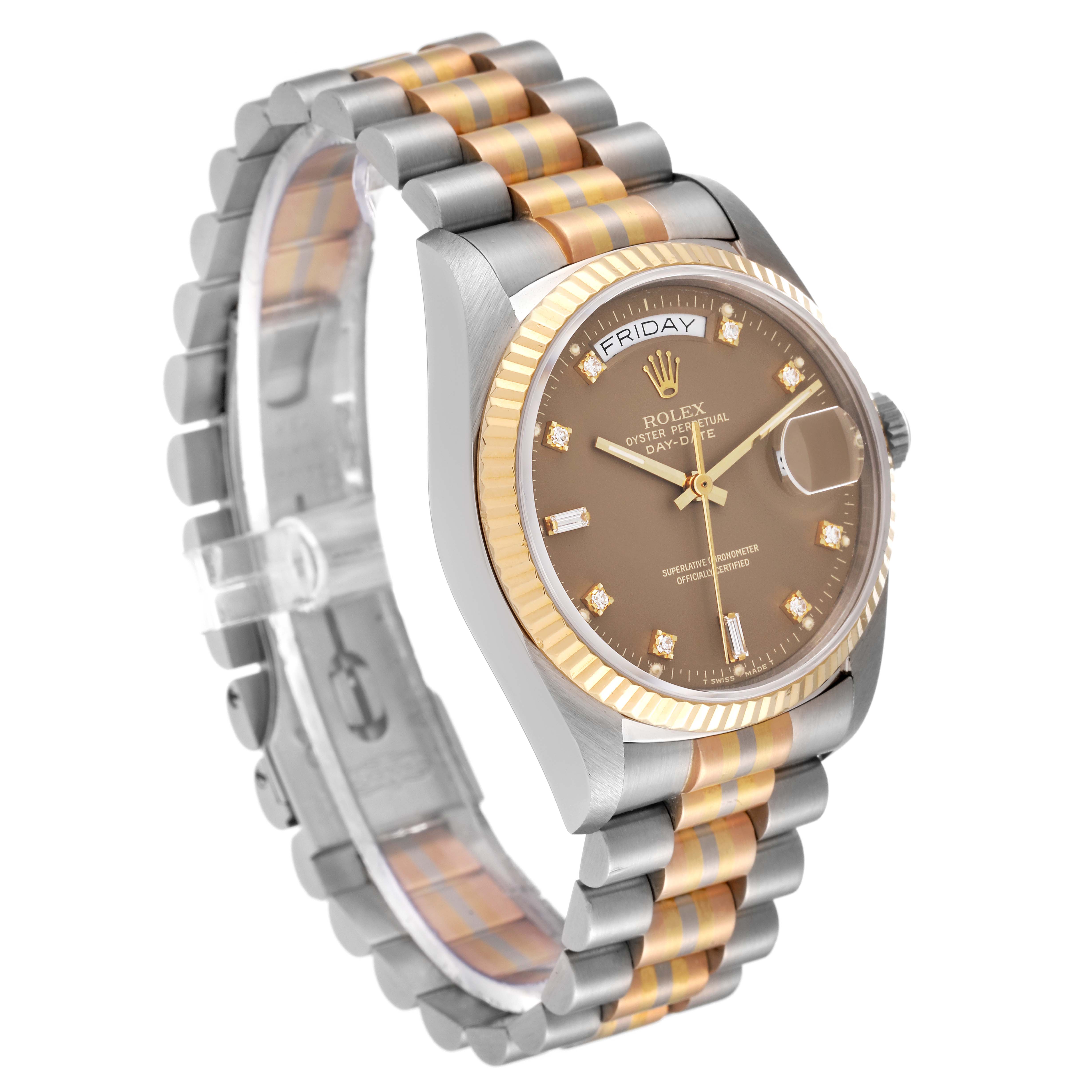 The image displays a Rolex President 18039B Men's White Gold Brown Dial 18039B Men's White Gold Brown Dial model watch at a side-angle, highlighting its dial, bezel, and band.