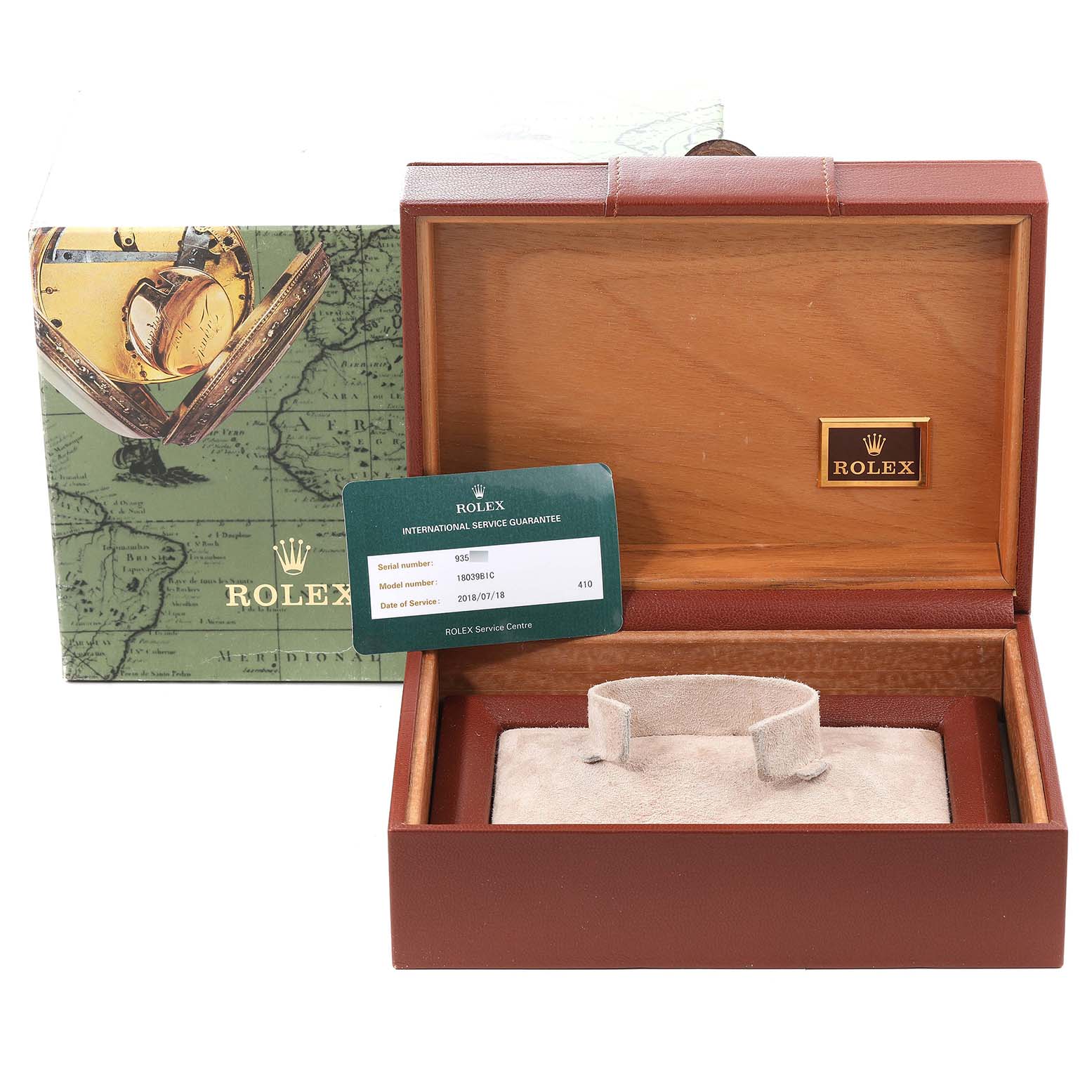 The image shows the box, cushion, and international service guarantee card for a Rolex President 18039B Men's White Gold Brown Dial 18039B Men's White Gold Brown Dial model watch.