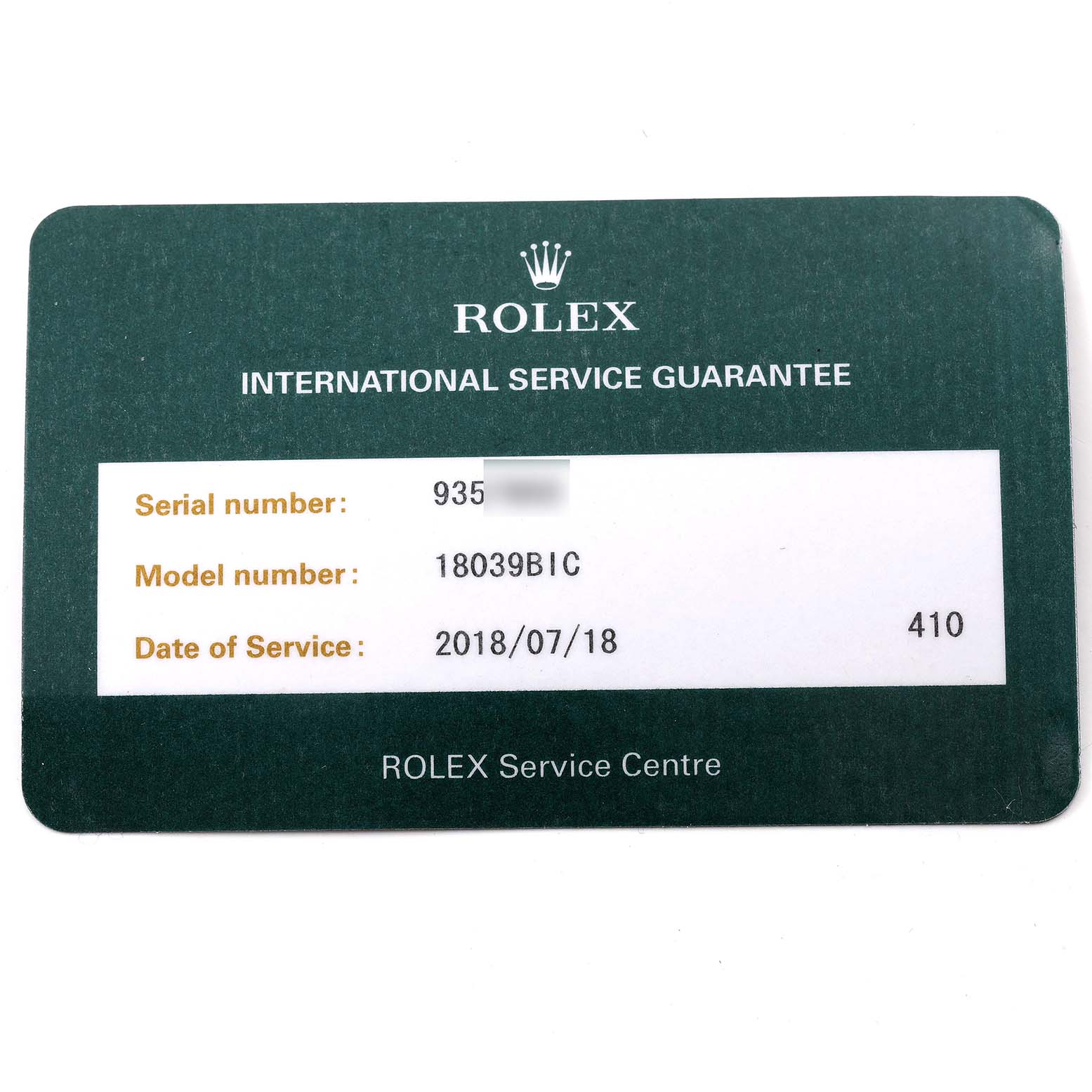 This image shows a Rolex International Service Guarantee card for the President model, including serial number, model number, and service date.