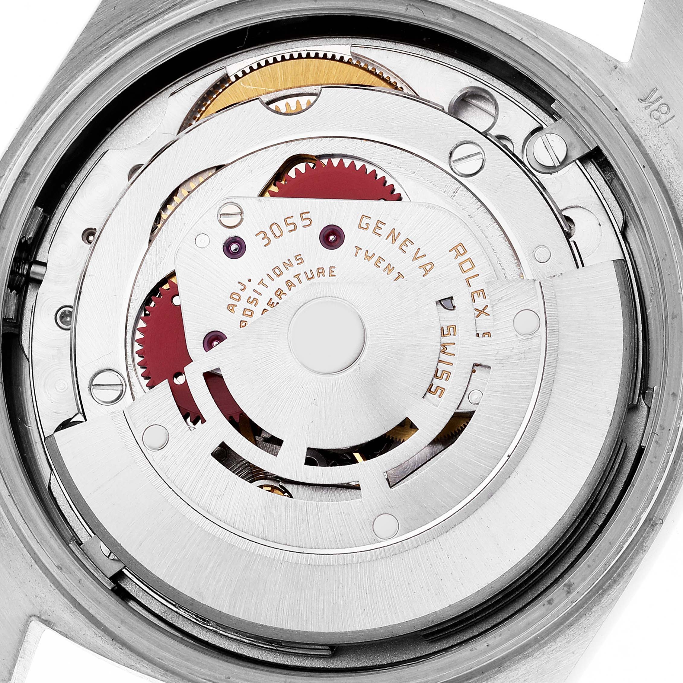 This image shows the movement mechanism of a Rolex President 18039B Men's White Gold Brown Dial 18039B Men's White Gold Brown Dial model watch from a rear angle.
