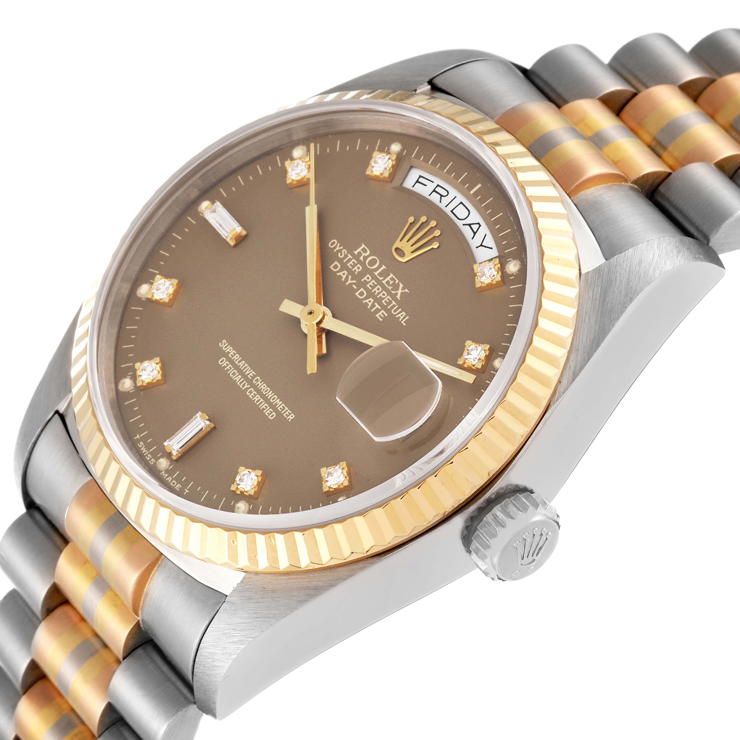 The image shows a close-up angle of a Rolex President 18039B Men's White Gold Brown Dial 18039B Men's White Gold Brown Dial model watch, highlighting the face, crown, and part of the two-tone bracelet.
