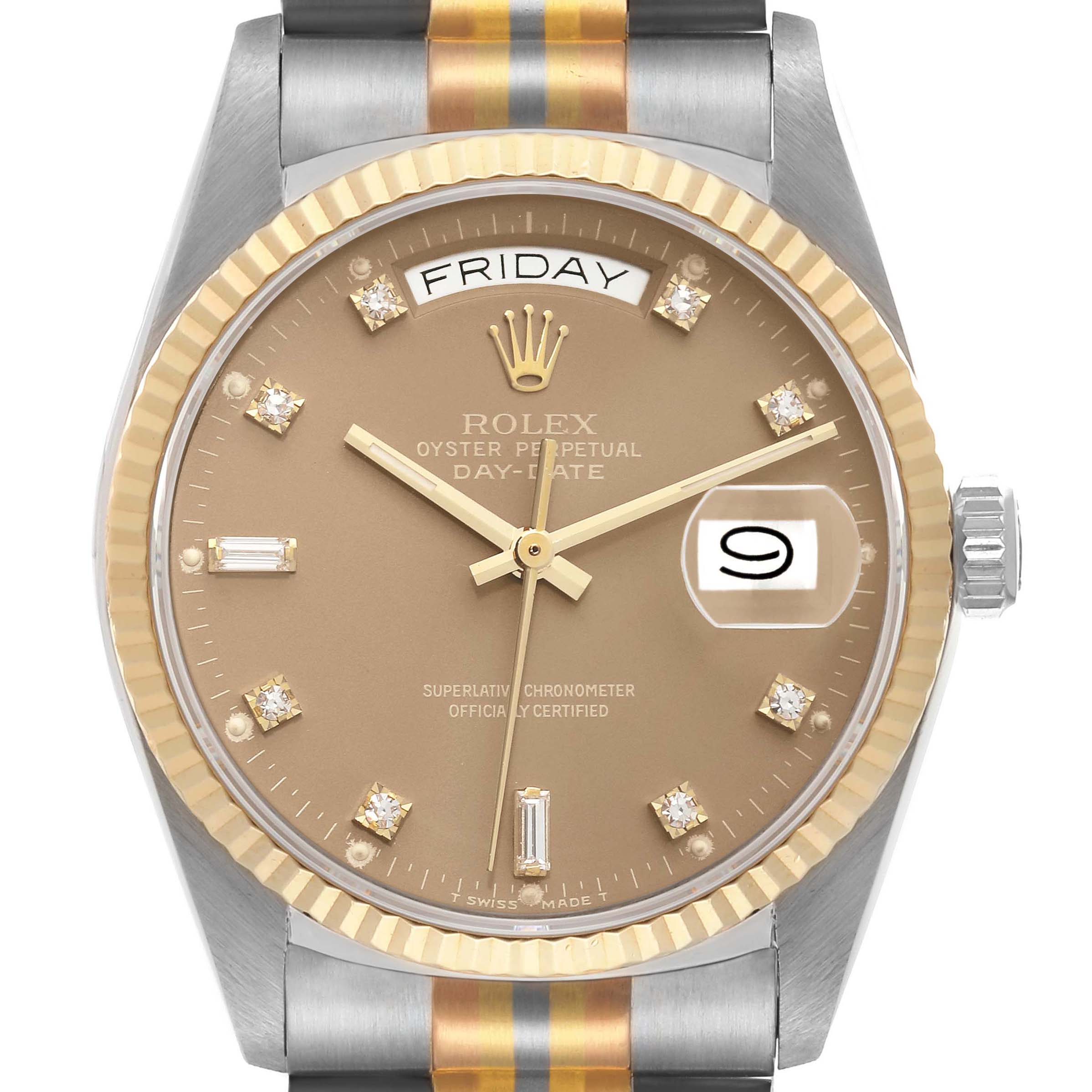 The image shows a front angle of a Rolex President 18039B Men's White Gold Brown Dial 18039B Men's White Gold Brown Dial model watch, highlighting the dial, day, date, and partial bracelet.