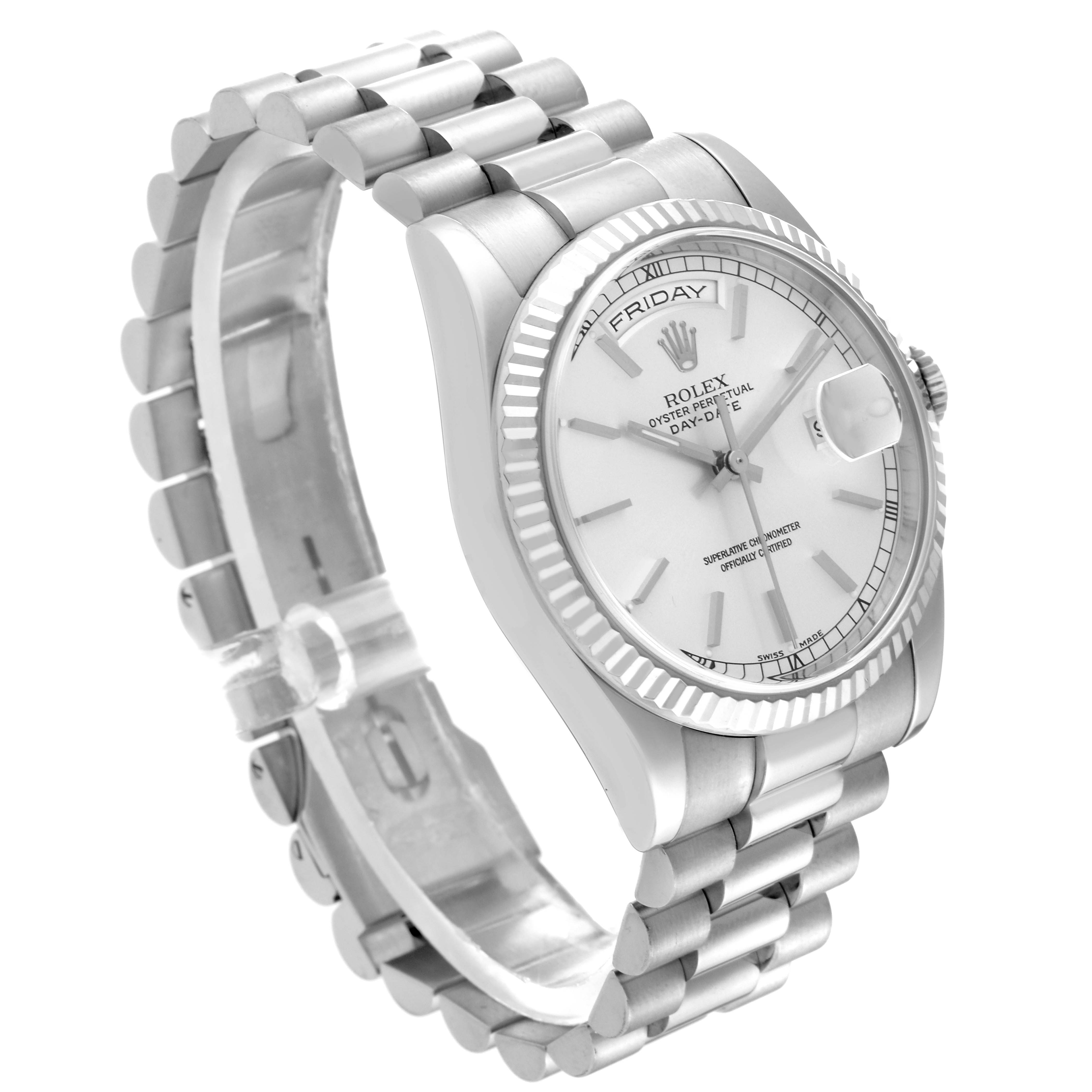 The Rolex President 118239 Men's White Gold Silver Dial 118239 Men's White Gold Silver Dial model watch is shown at an angled side view, displaying the bracelet, case, and dial clearly.