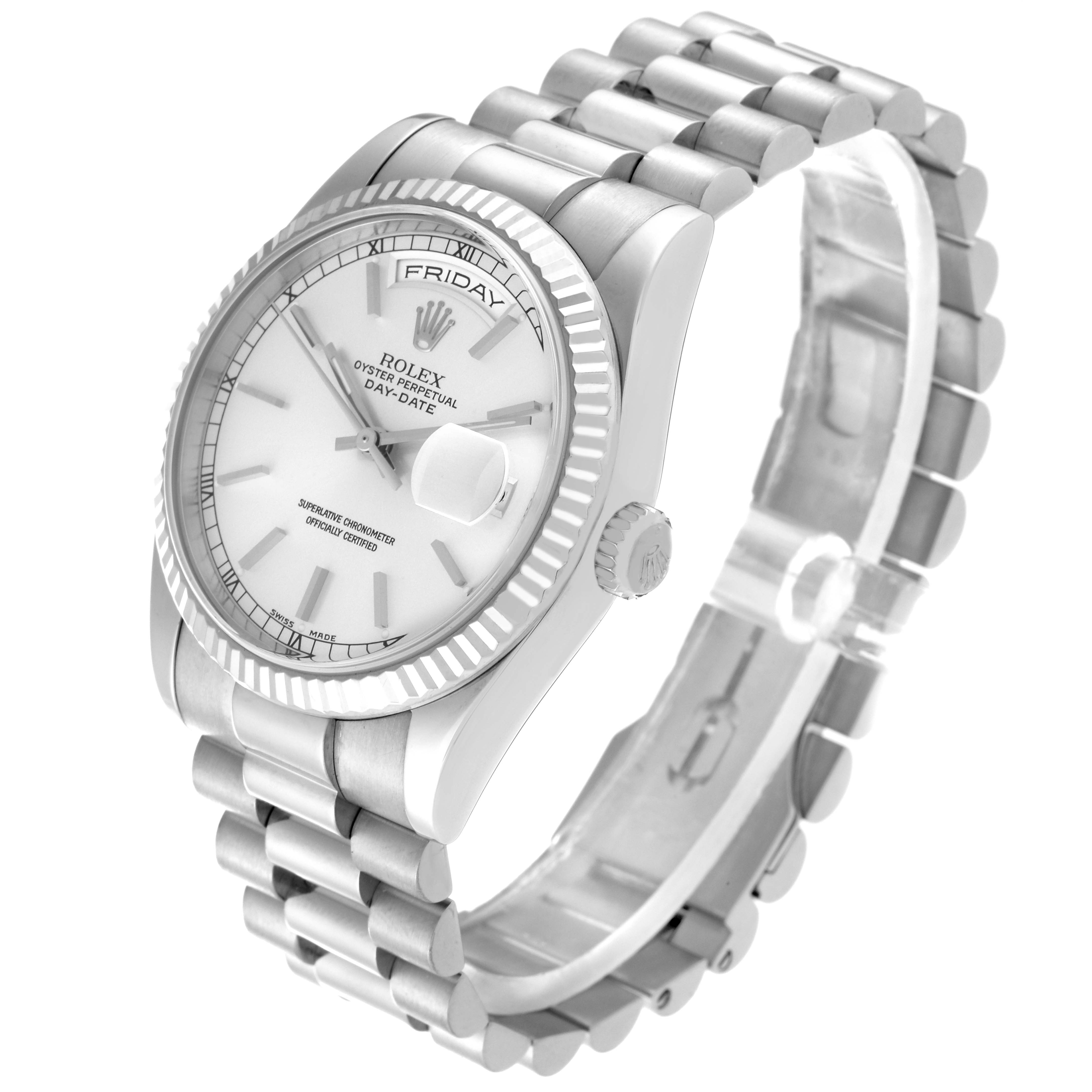 The Rolex President 118239 Men's White Gold Silver Dial 118239 Men's White Gold Silver Dial model watch is shown at a slight angle, highlighting the face, crown, and bracelet.