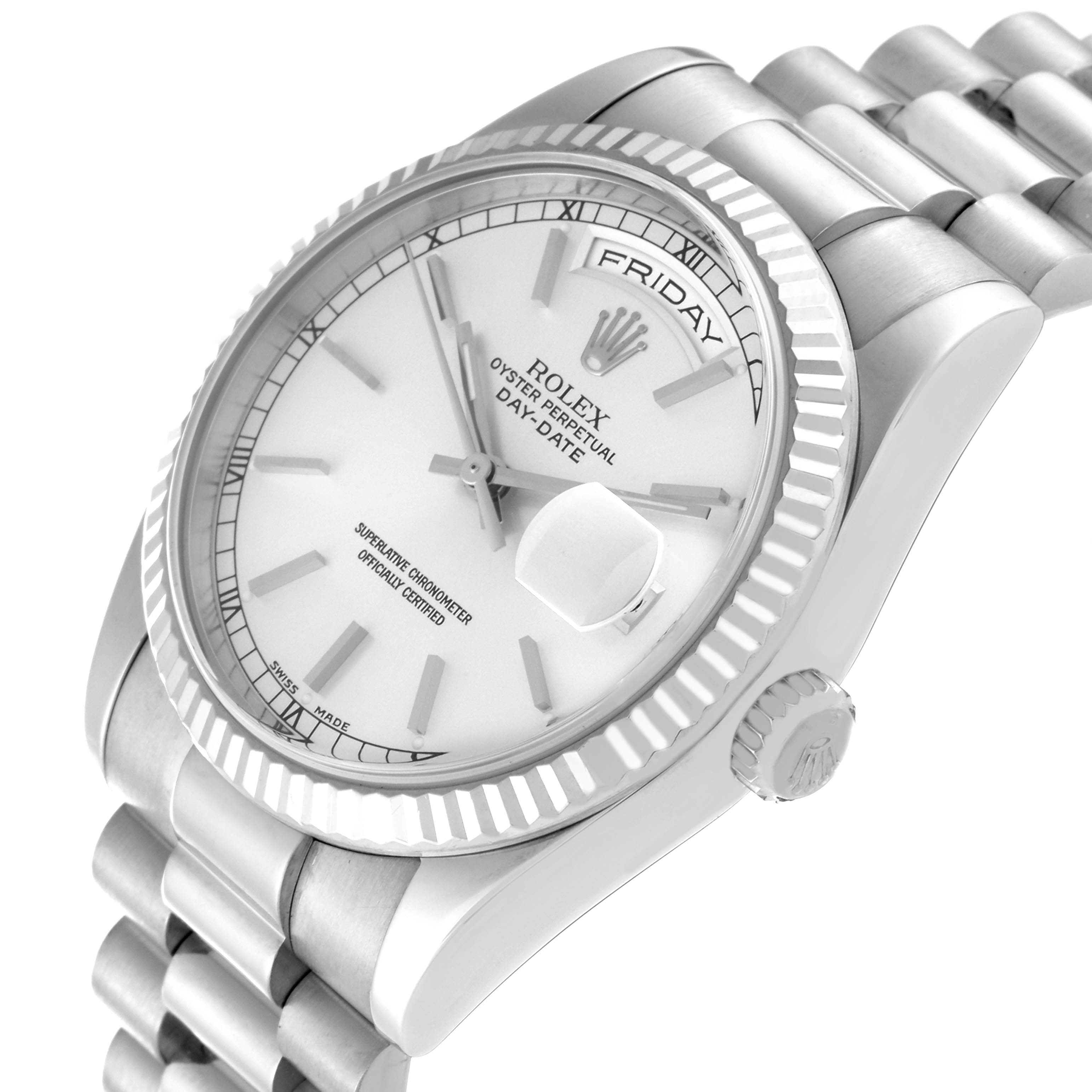The Rolex President 118239 Men's White Gold Silver Dial 118239 Men's White Gold Silver Dial Day-Date watch is shown at an angled view displaying the dial, fluted bezel, and part of the bracelet.