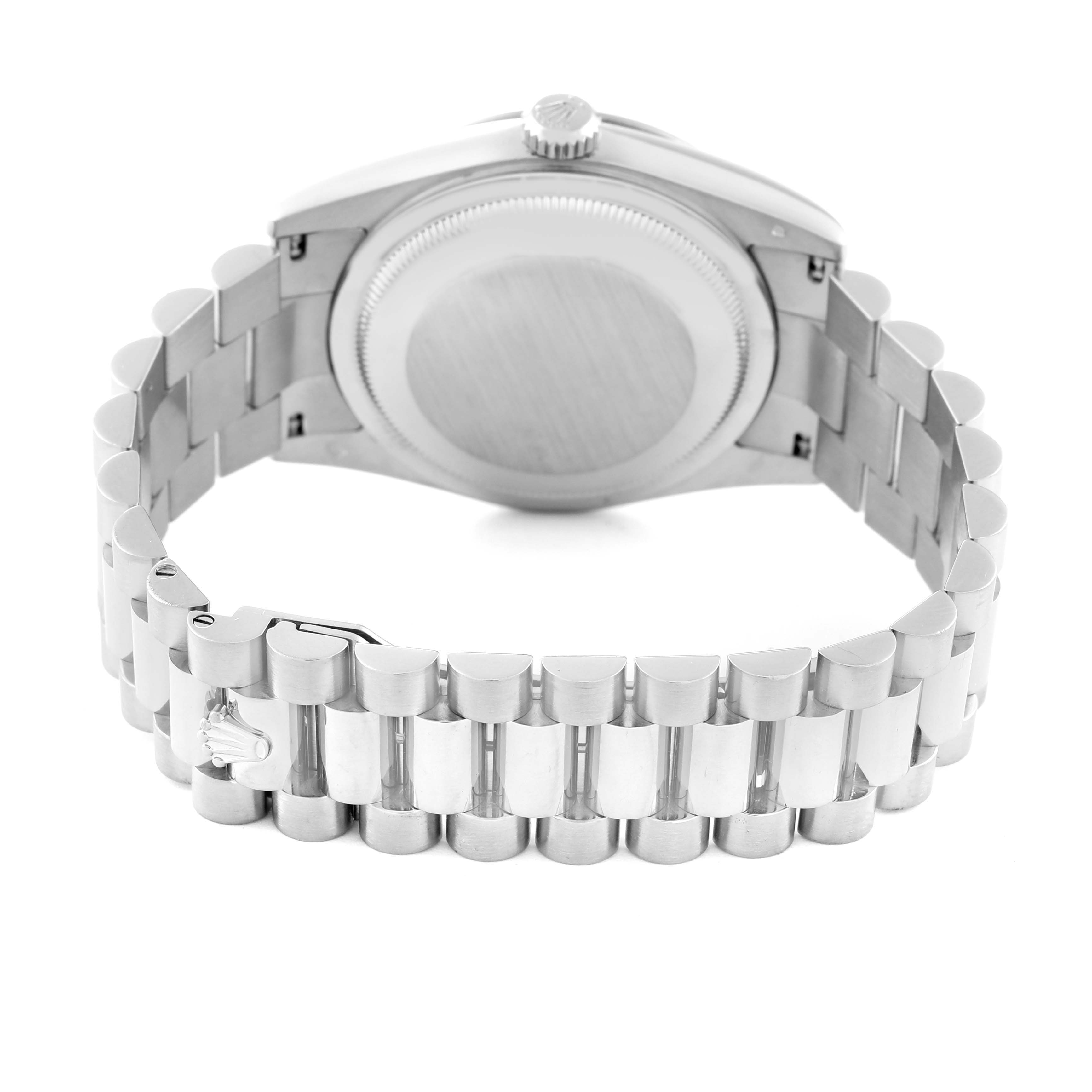 The image shows the back case and bracelet of a Rolex President 118239 Men's White Gold Silver Dial 118239 Men's White Gold Silver Dial model watch from a rear angle.