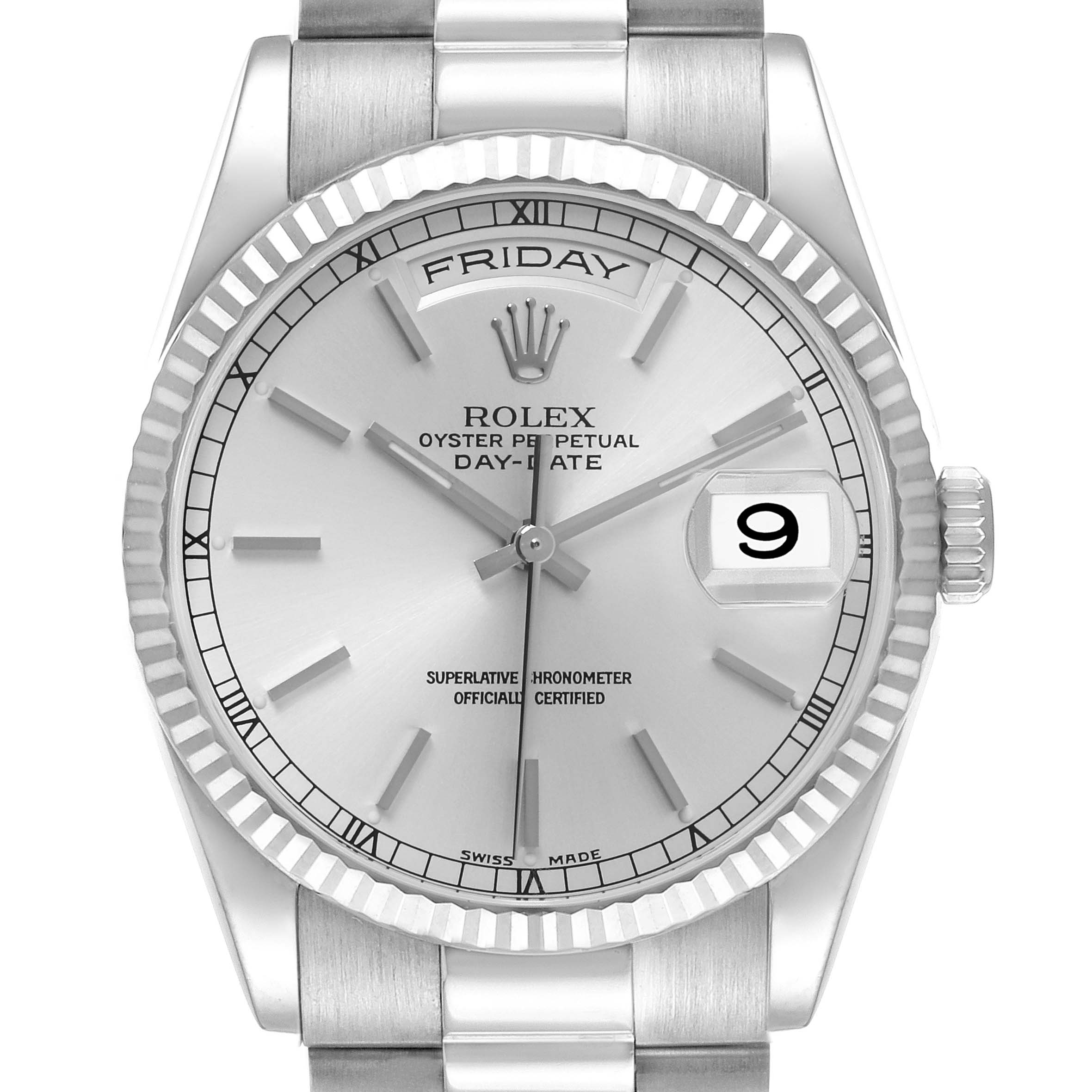 The image shows a close-up, front view of the Rolex President 118239 Men's White Gold Silver Dial 118239 Men's White Gold Silver Dial model watch, highlighting its dial, bezel, and part of the bracelet.
