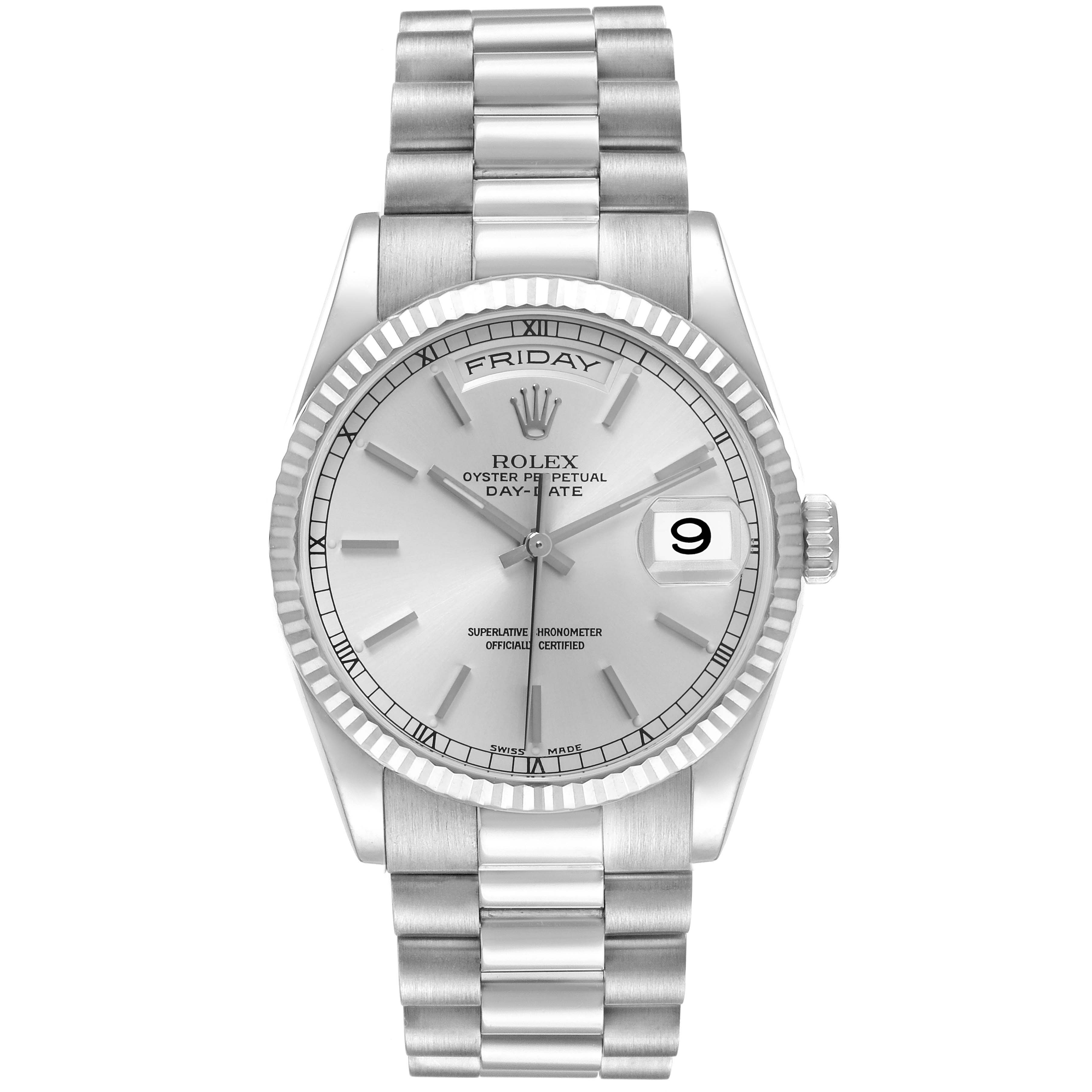 This image shows a Rolex President 118239 Men's White Gold Silver Dial 118239 Men's White Gold Silver Dial Day-Date watch from a frontal angle, highlighting its dial, bracelet, and day-date display.
