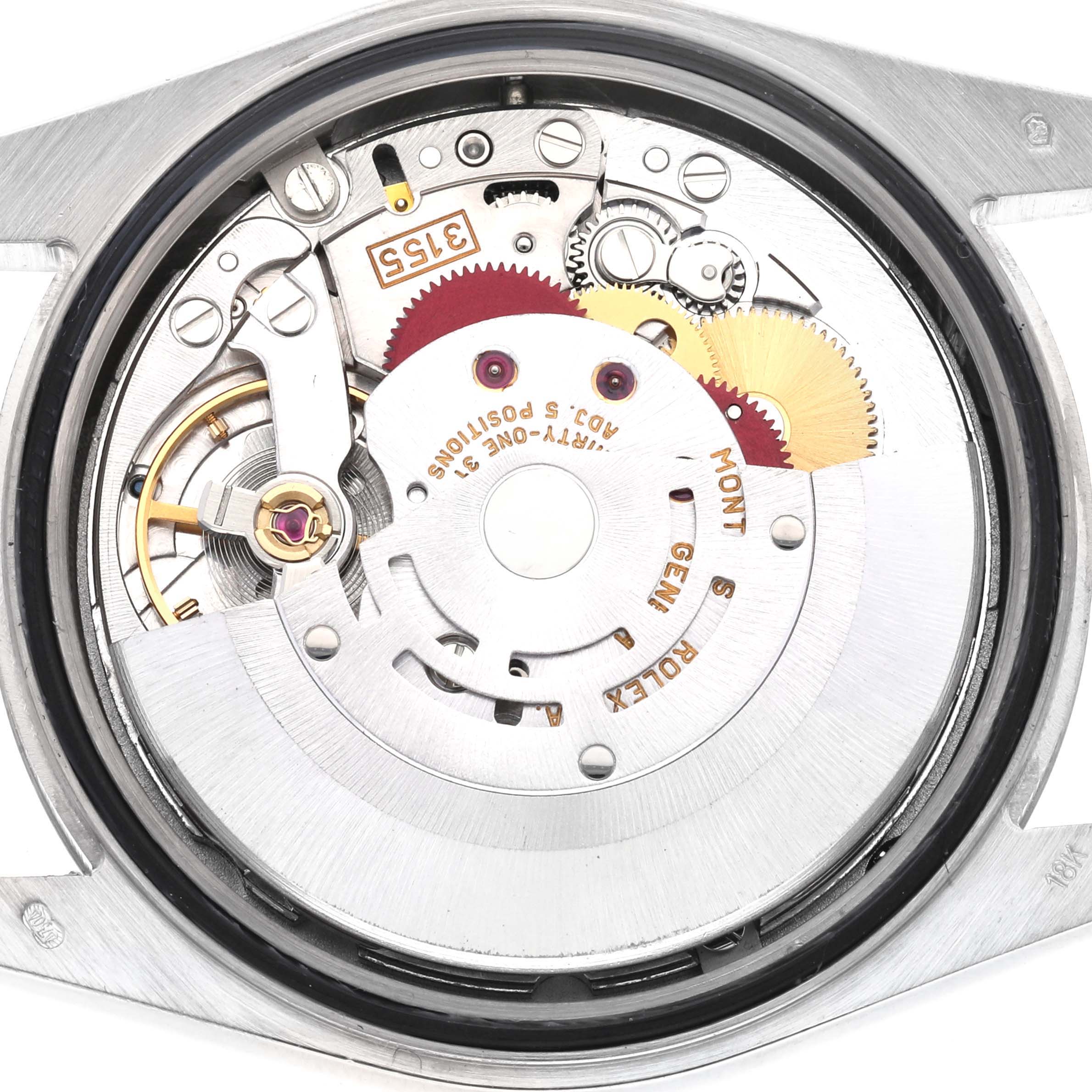The image shows the inner mechanical movement of a Rolex President 118239 Men's White Gold Silver Dial 118239 Men's White Gold Silver Dial model watch, viewed from the back.