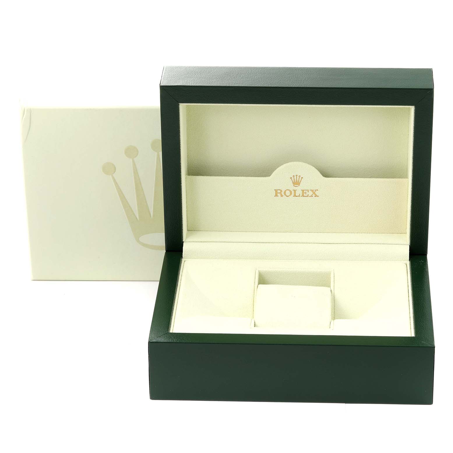 This is an empty green and cream Rolex box for the President model, shown from the front angle with the lid open.