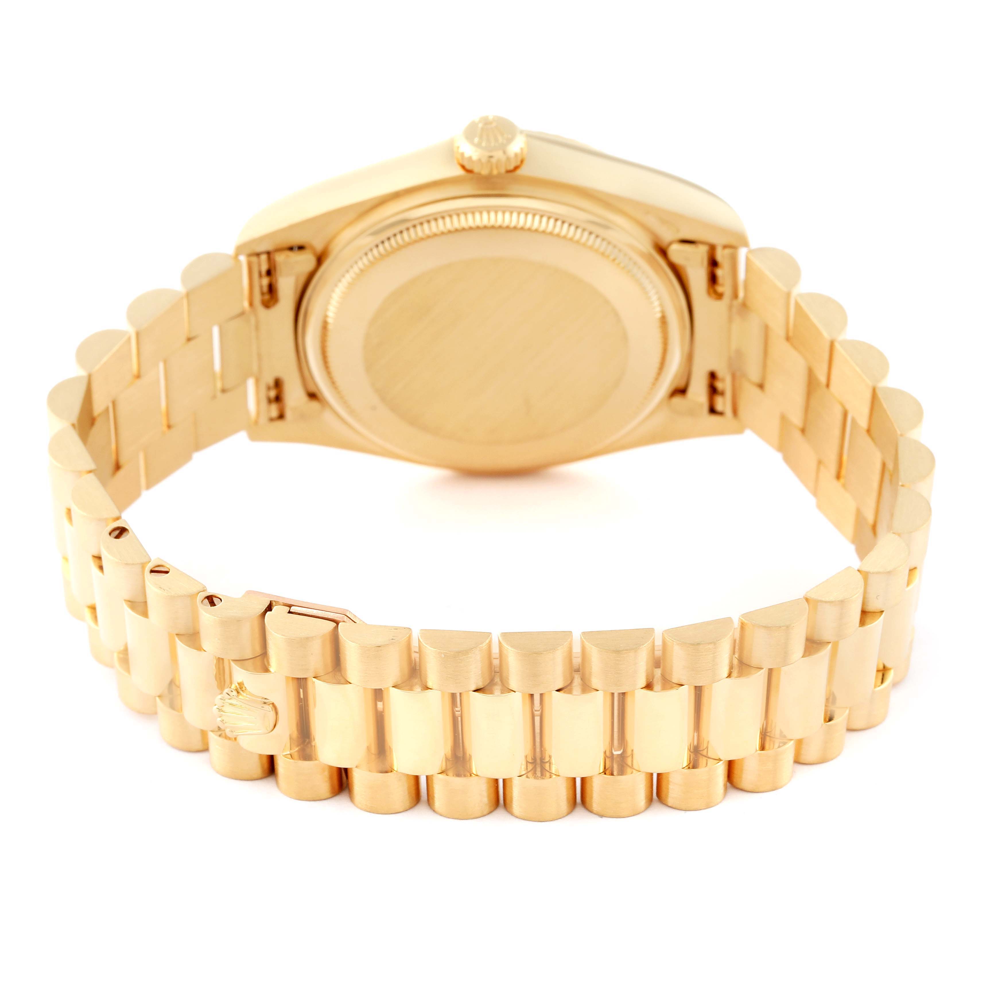 The image shows the backside and bracelet of a Rolex President 18038 Men
s Yellow Gold Champagne Dial 18038 Men
s Yellow Gold Champagne Dial model watch in a gold finish.