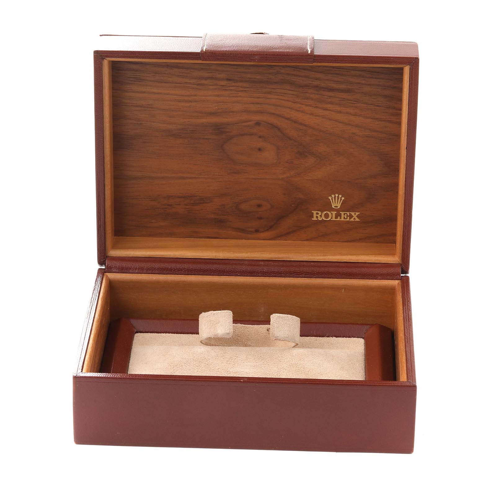 The image shows an open wooden box for the Rolex President 18038 Men
s Yellow Gold Champagne Dial 18038 Men
s Yellow Gold Champagne Dial model, viewed from the front.