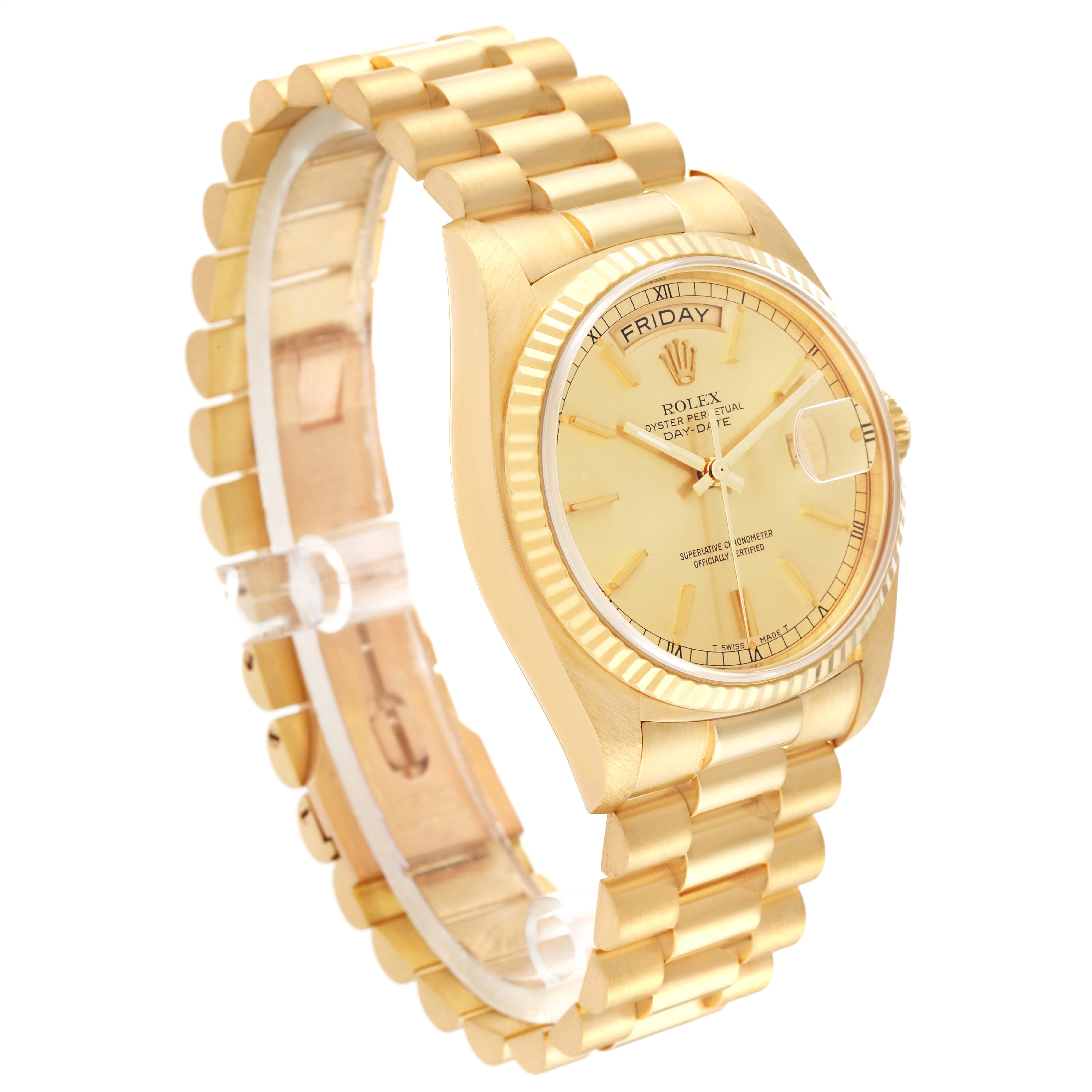 This image shows a Rolex President 18038 Men
s Yellow Gold Champagne Dial 18038 Men
s Yellow Gold Champagne Dial model watch from a slight side angle, highlighting its gold bracelet, case, and dial.