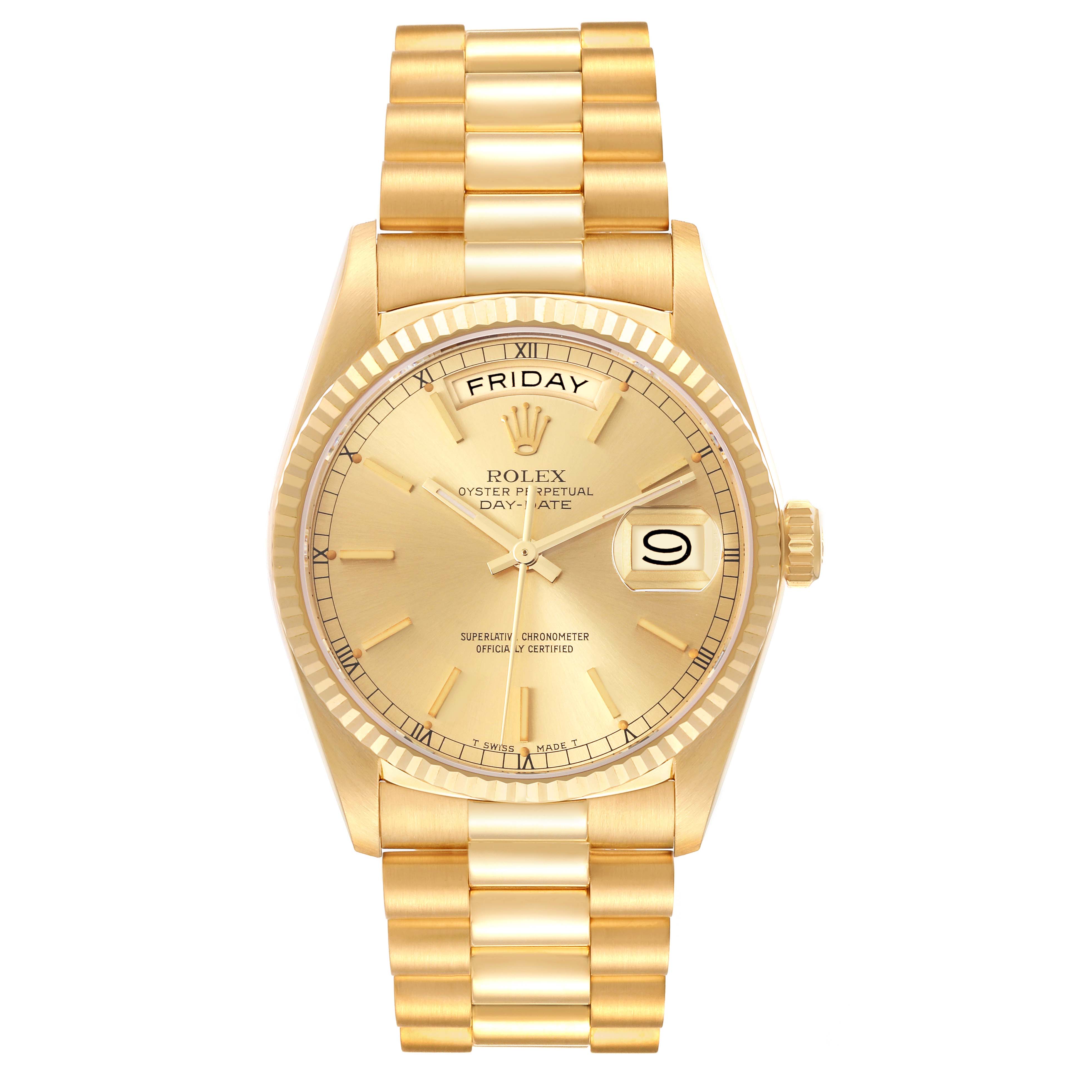 The image shows a frontal view of the Rolex President 18038 Men
s Yellow Gold Champagne Dial 18038 Men
s Yellow Gold Champagne Dial watch model, displaying its dial, bracelet, and day/date indicators.