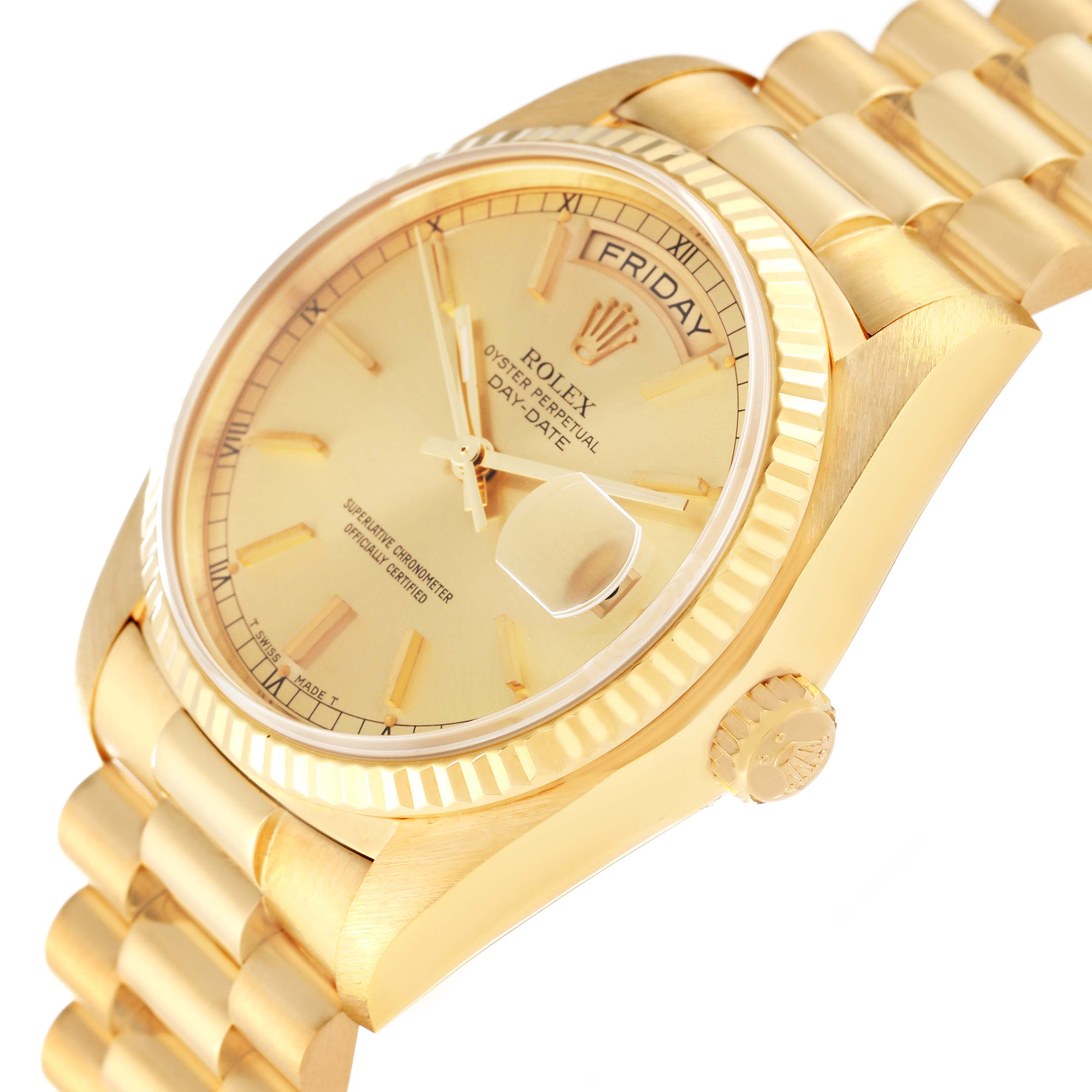 The Rolex President 18038 Men
s Yellow Gold Champagne Dial 18038 Men
s Yellow Gold Champagne Dial model watch is shown at an angle highlighting the dial, day-date function, bezel, and bracelet.