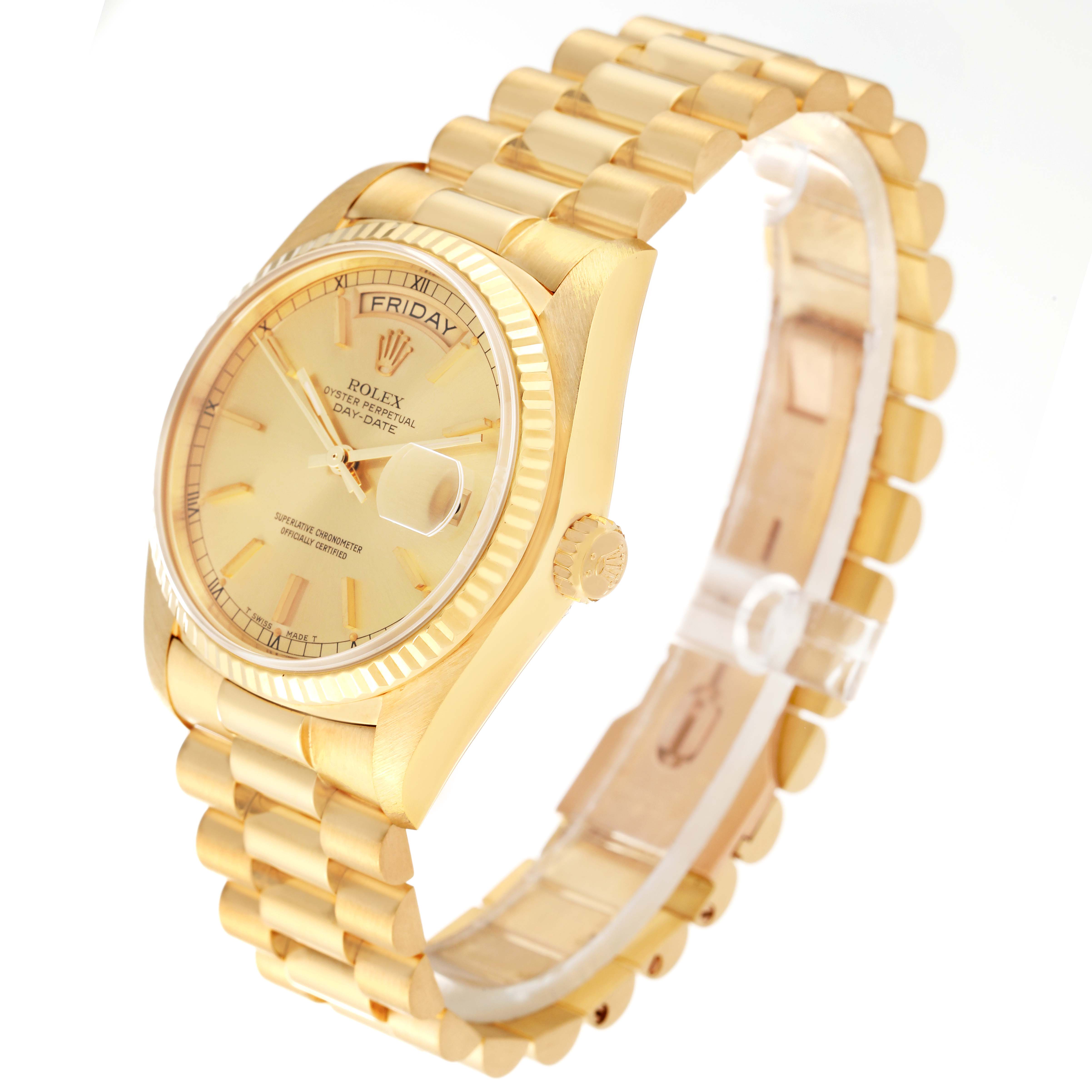 The Rolex President 18038 Men
s Yellow Gold Champagne Dial 18038 Men
s Yellow Gold Champagne Dial model watch is shown at an angled side view, highlighting its gold bracelet, case, and dial.