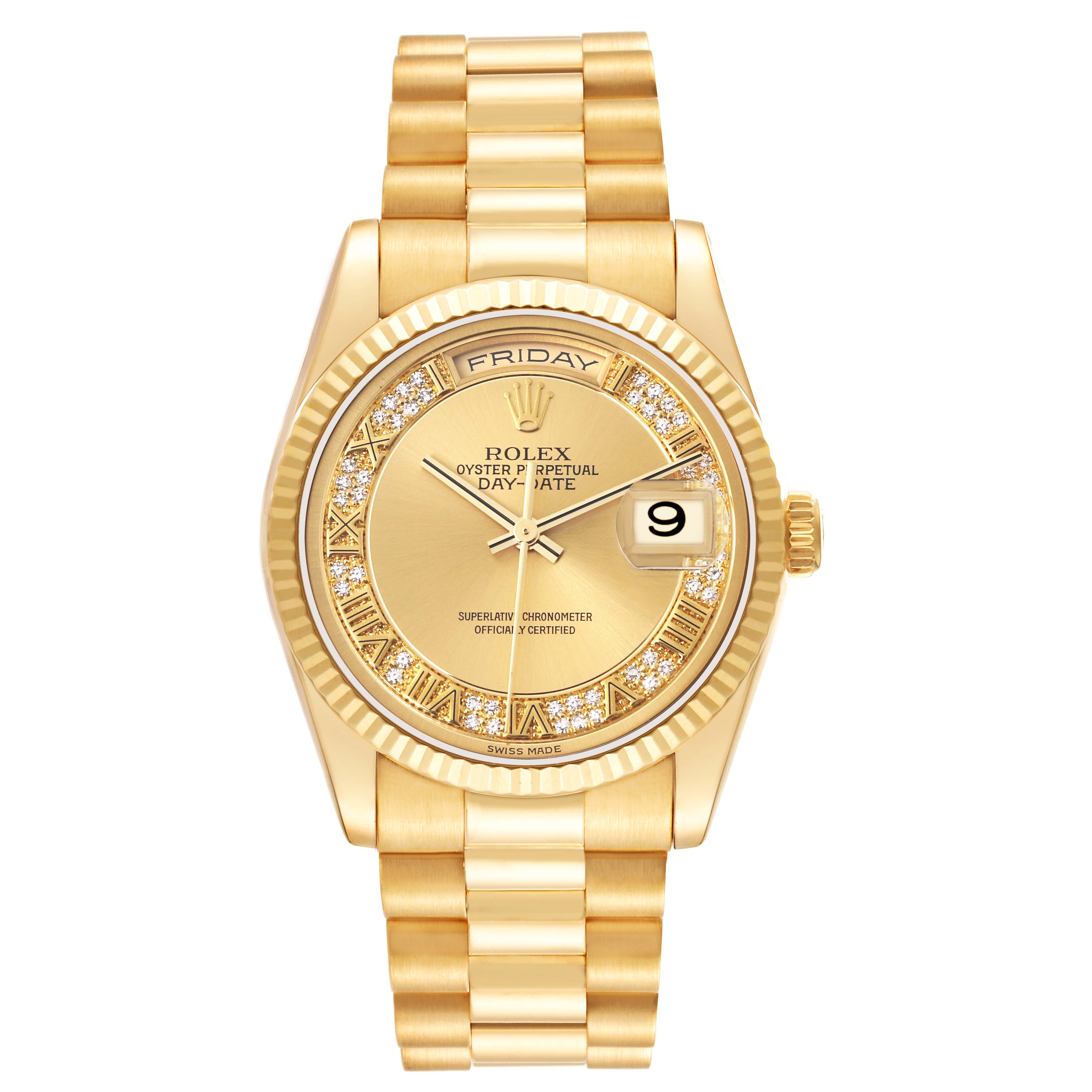The Rolex President 118238 Men
s Yellow Gold Champagne Dial 118238 Men
s Yellow Gold Champagne Dial model watch is shown from a front angle, displaying its gold case, bracelet, and diamond-accented dial.