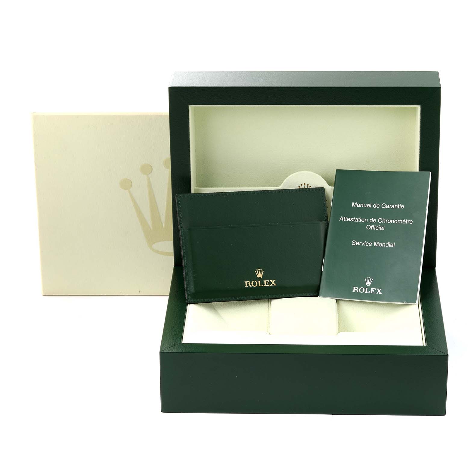 This image shows the packaging, warranty manual, and cardholder for a Rolex President 118238 Men
s Yellow Gold Champagne Dial 118238 Men
s Yellow Gold Champagne Dial model watch.