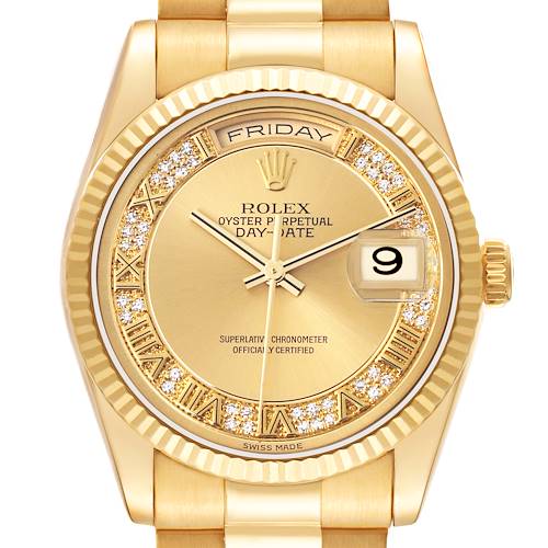 Photo of Rolex President Day-Date Yellow Gold Myriad Diamond Dial Mens Watch 118238