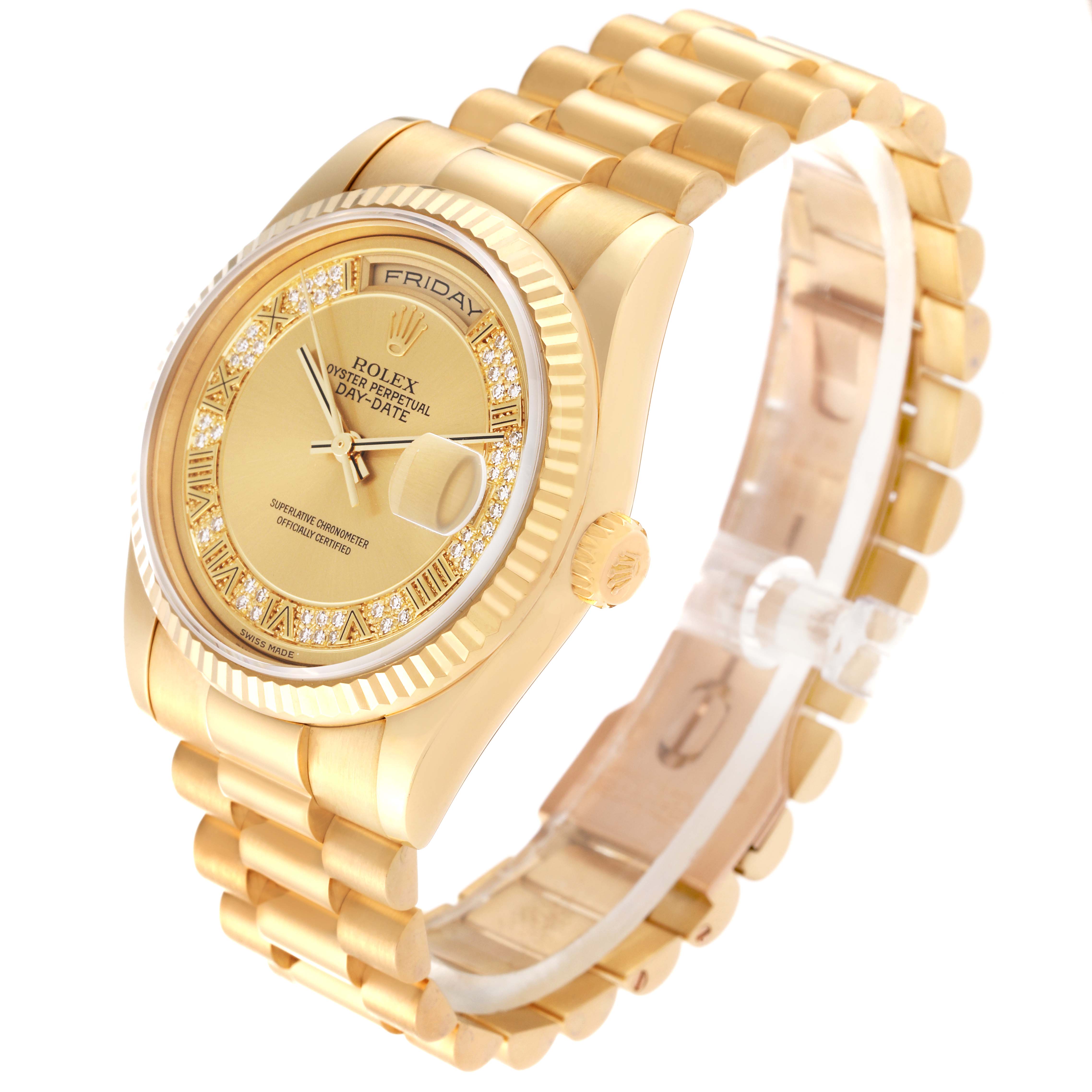The image shows a Rolex President 118238 Men
s Yellow Gold Champagne Dial 118238 Men
s Yellow Gold Champagne Dial model watch at a three-quarter angle, highlighting the gold band, fluted bezel, and the day-date display.