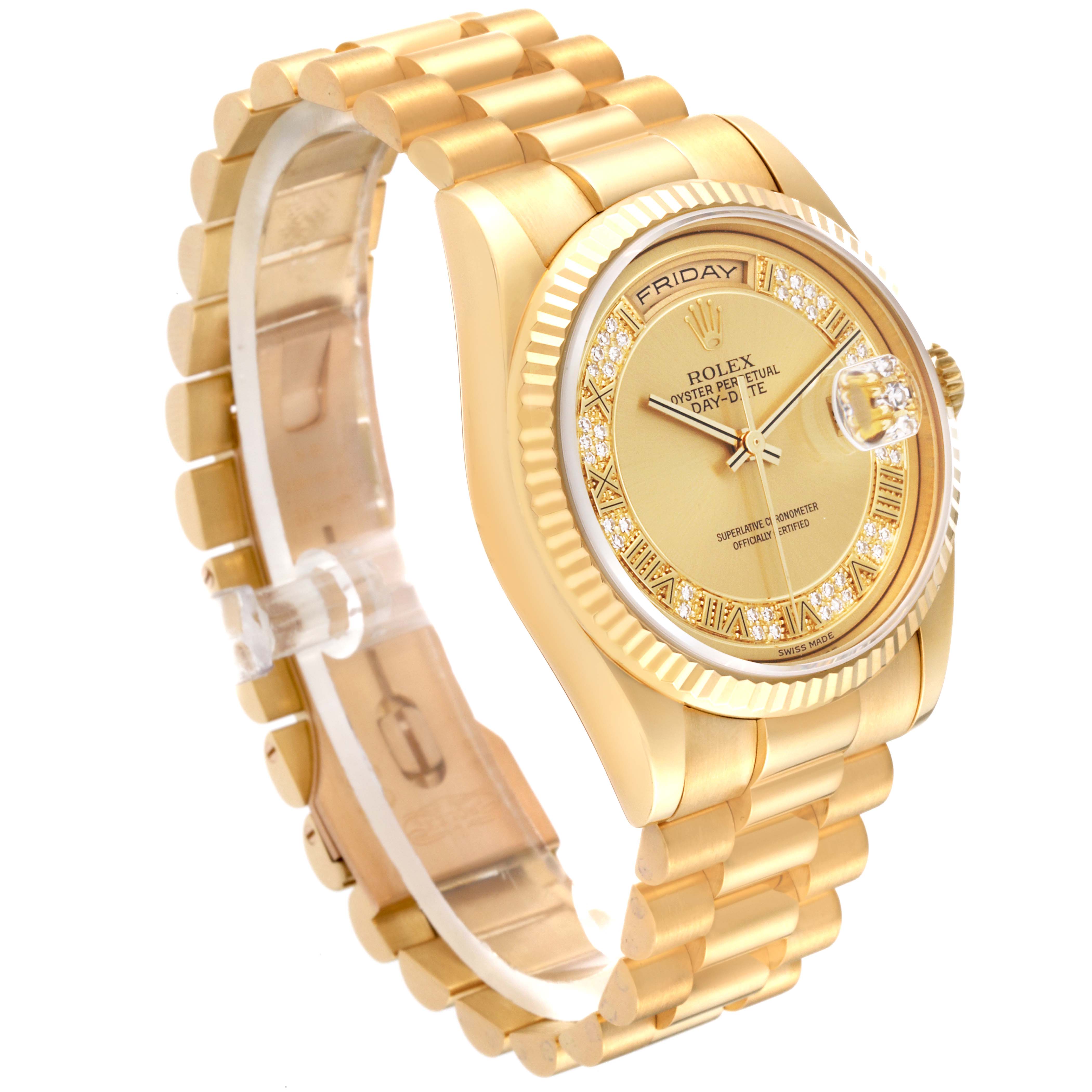 A Rolex President 118238 Men
s Yellow Gold Champagne Dial 118238 Men
s Yellow Gold Champagne Dial watch is shown at a slight angle, highlighting the gold bracelet, case, dial, and fluted bezel.