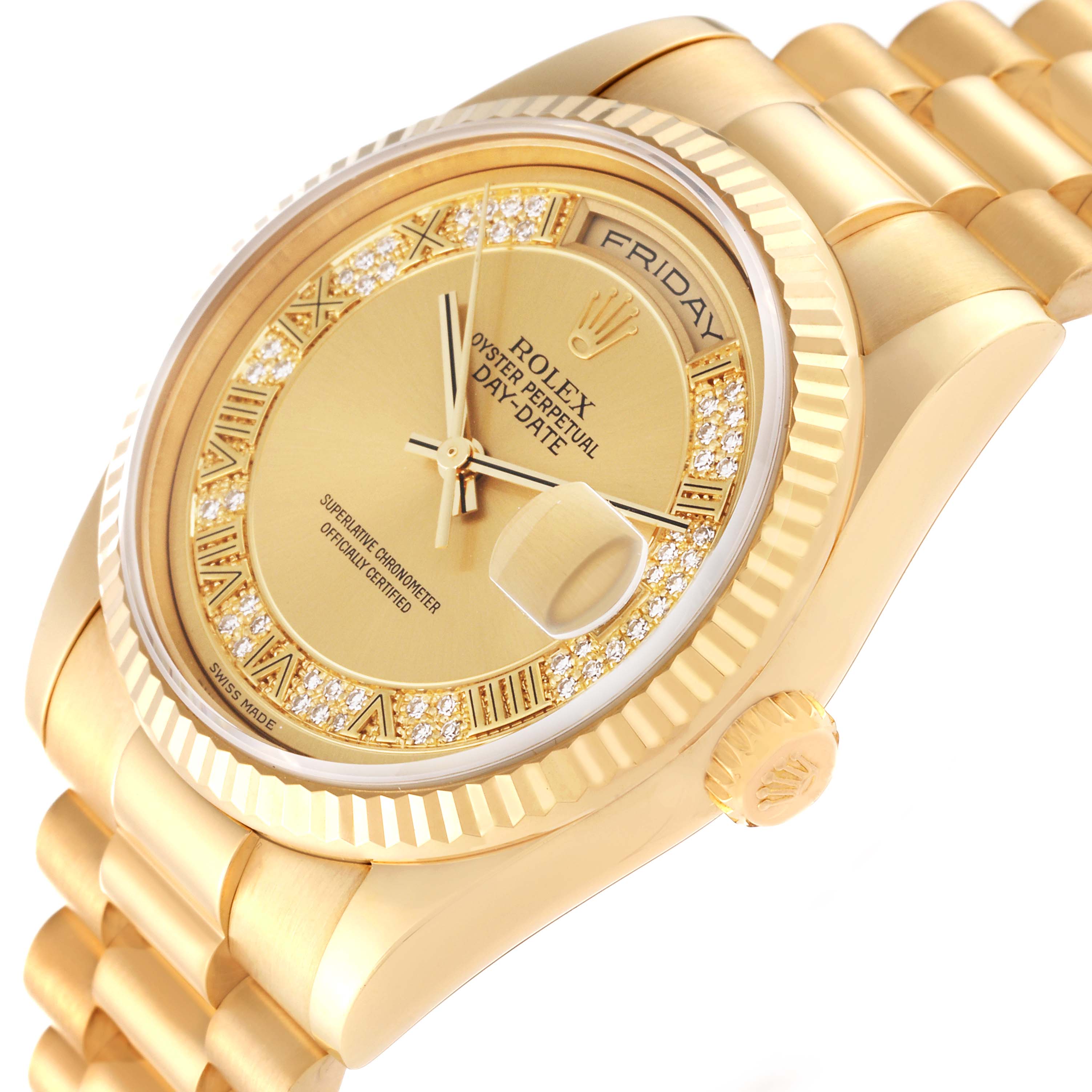 The Rolex President 118238 Men
s Yellow Gold Champagne Dial 118238 Men
s Yellow Gold Champagne Dial model watch is displayed at an angled view, highlighting the dial, bezel, crown, and part of the bracelet.