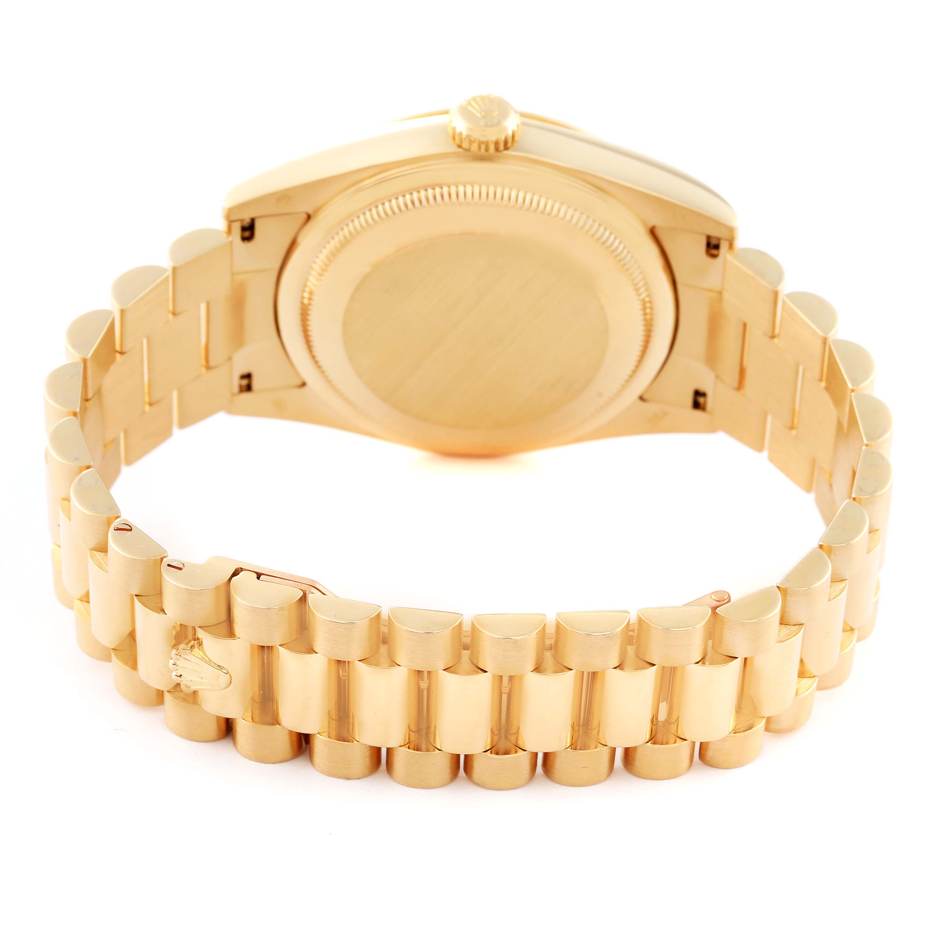 This image shows the back case and bracelet of a Rolex President 118238 Men
s Yellow Gold Champagne Dial 118238 Men
s Yellow Gold Champagne Dial model watch from a rear angle.