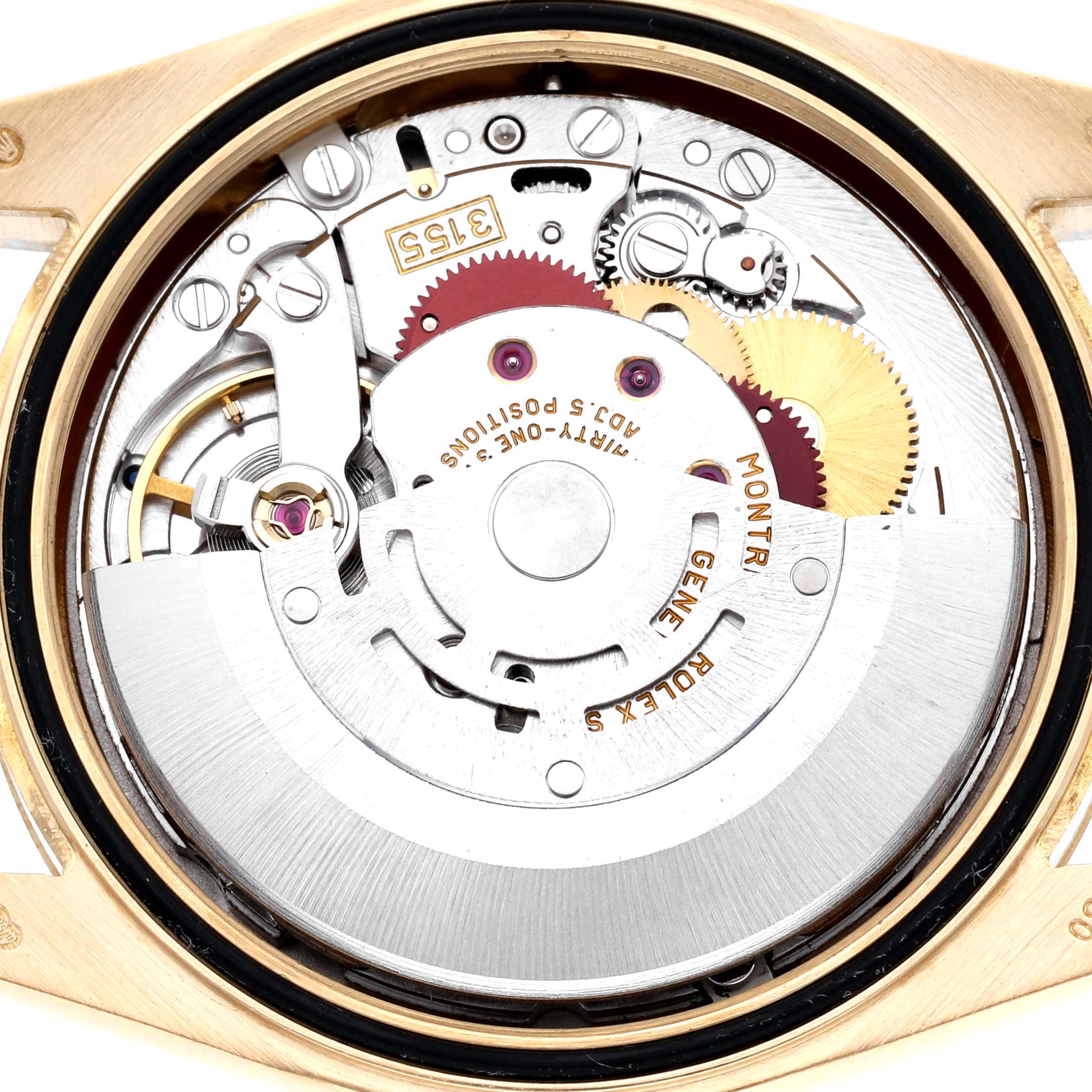 This image shows the inner mechanical movement of a Rolex President 118238 Men
s Yellow Gold Champagne Dial 118238 Men
s Yellow Gold Champagne Dial model watch from a close-up rear angle.