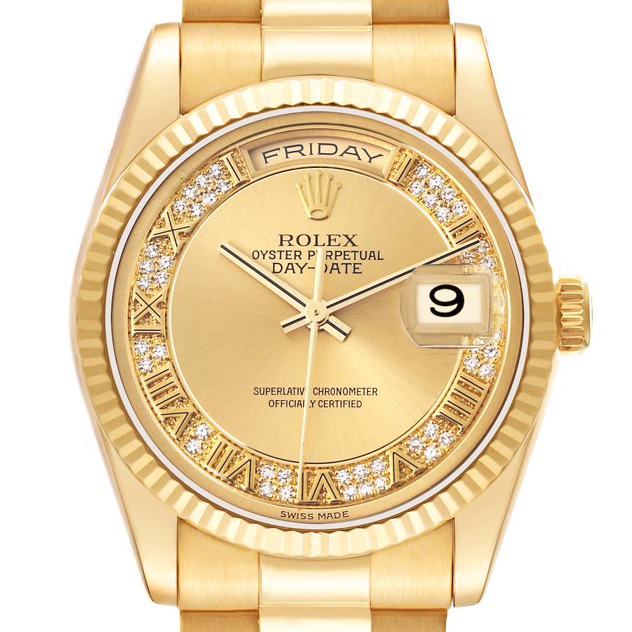 Rolex President Day-Date Yellow Gold Myriad Diamond Dial Mens Watch 118238 SwissWatchExpo