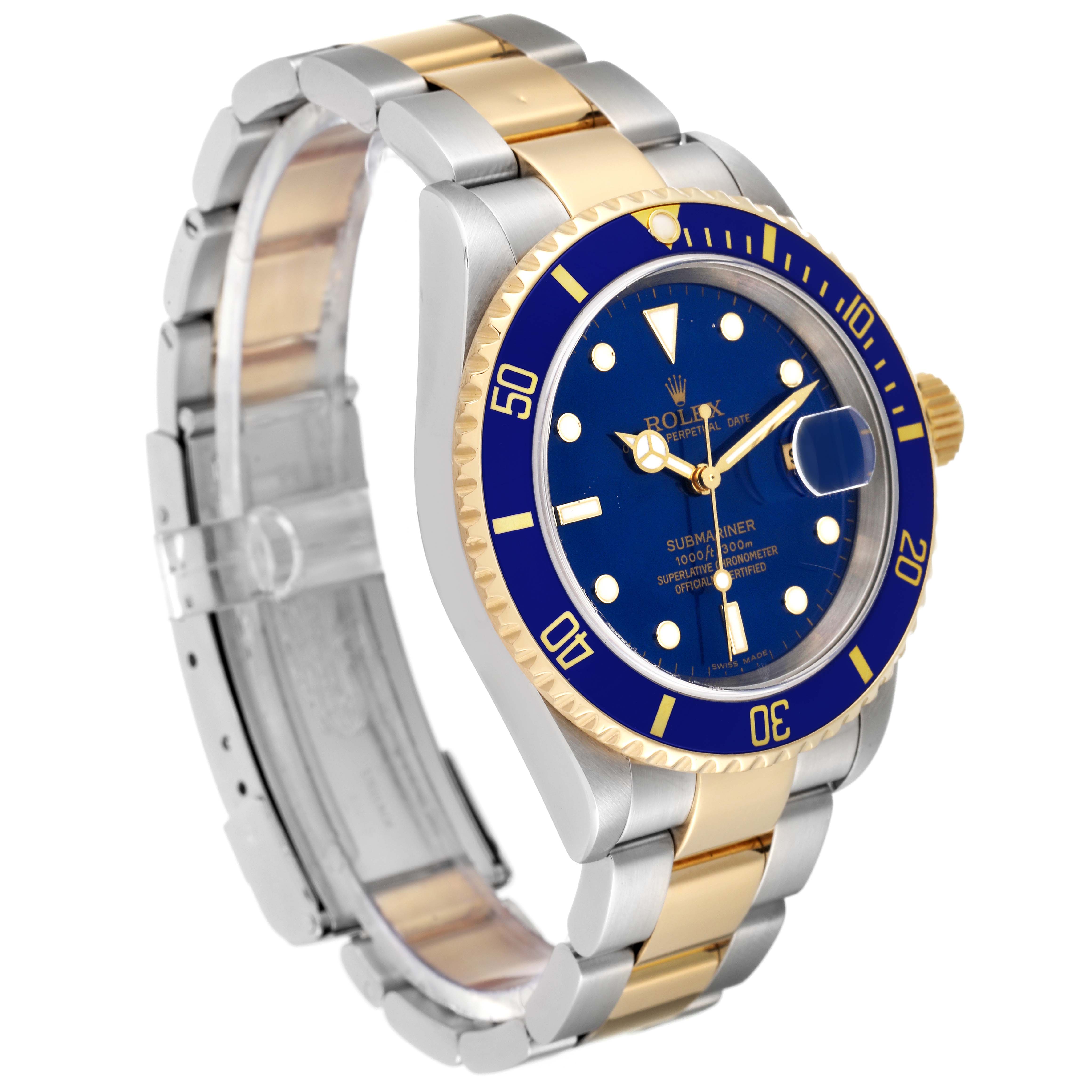 This image displays a side and front angle of the Rolex Submariner 16613 Men's Steel and Gold (two tone) Blue Dial 16613 Men's Steel and Gold (two tone) Blue Dial watch, showcasing its blue dial, bezel, and two-tone bracelet.