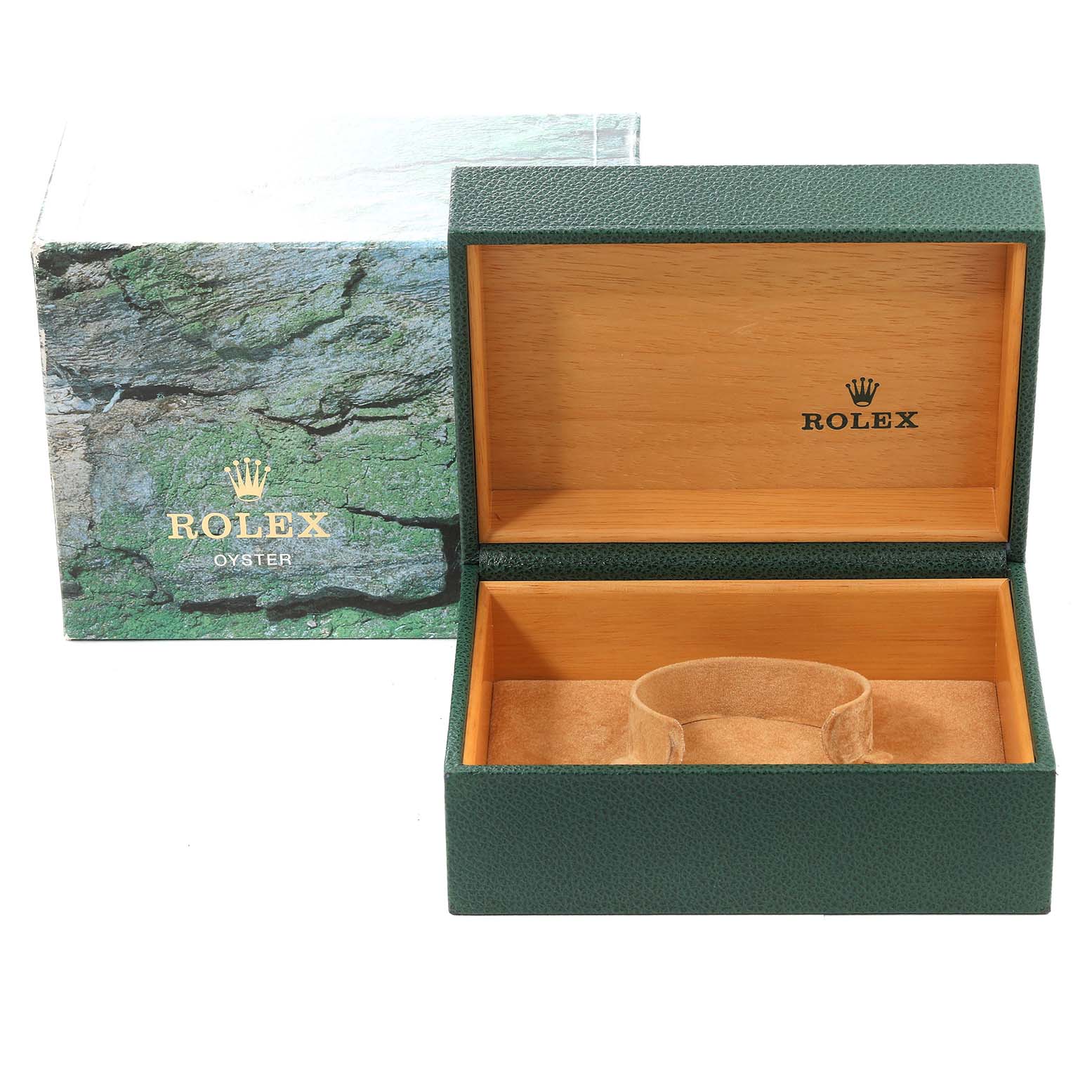 The image shows an open green and brown Rolex Submariner 16613 Men's Steel and Gold (two tone) Blue Dial 16613 Men's Steel and Gold (two tone) Blue Dial watch box with its outer packaging.