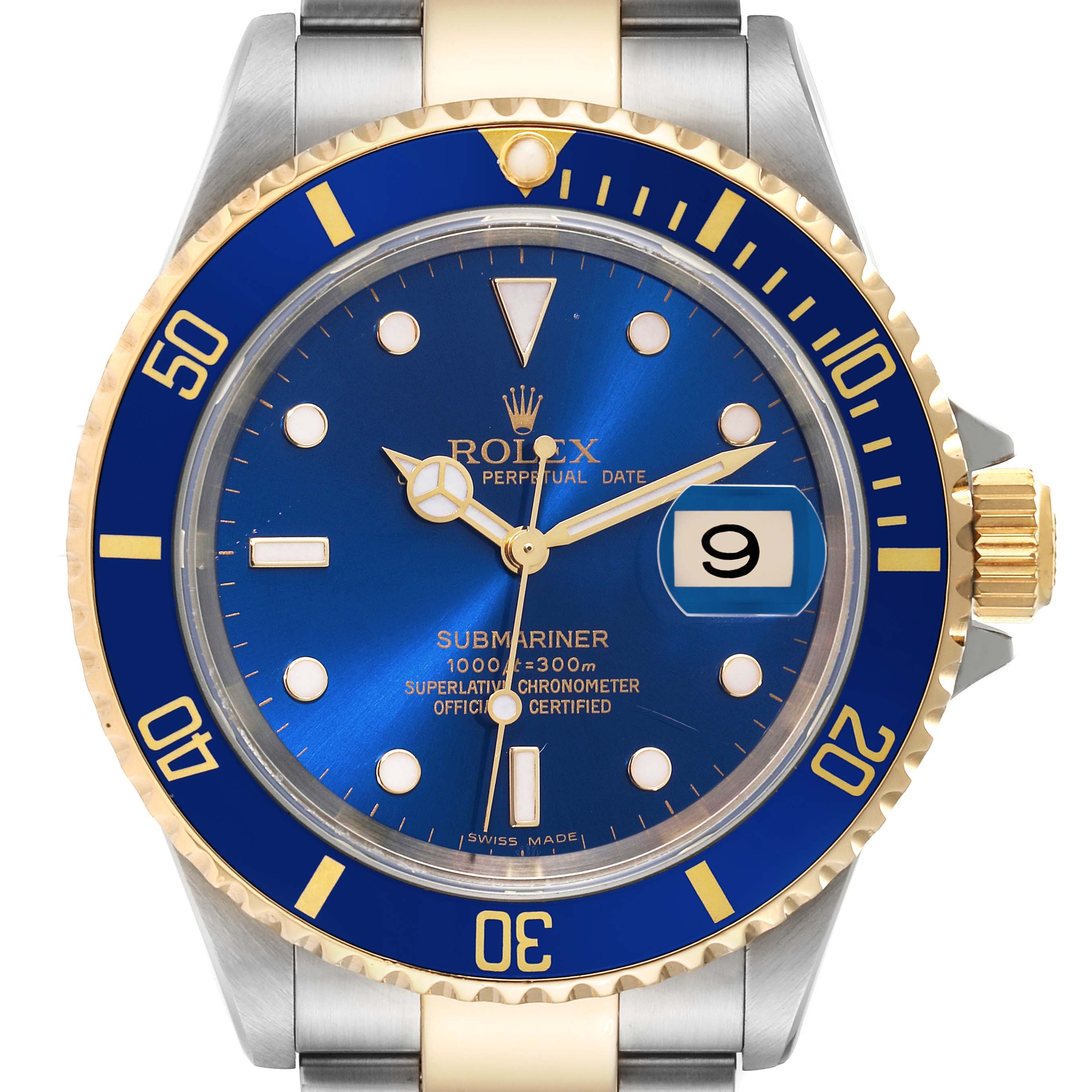 The image shows a front view of a Rolex Submariner 16613 Men's Steel and Gold (two tone) Blue Dial 16613 Men's Steel and Gold (two tone) Blue Dial watch with a blue dial, gold accents, and a metal bracelet.