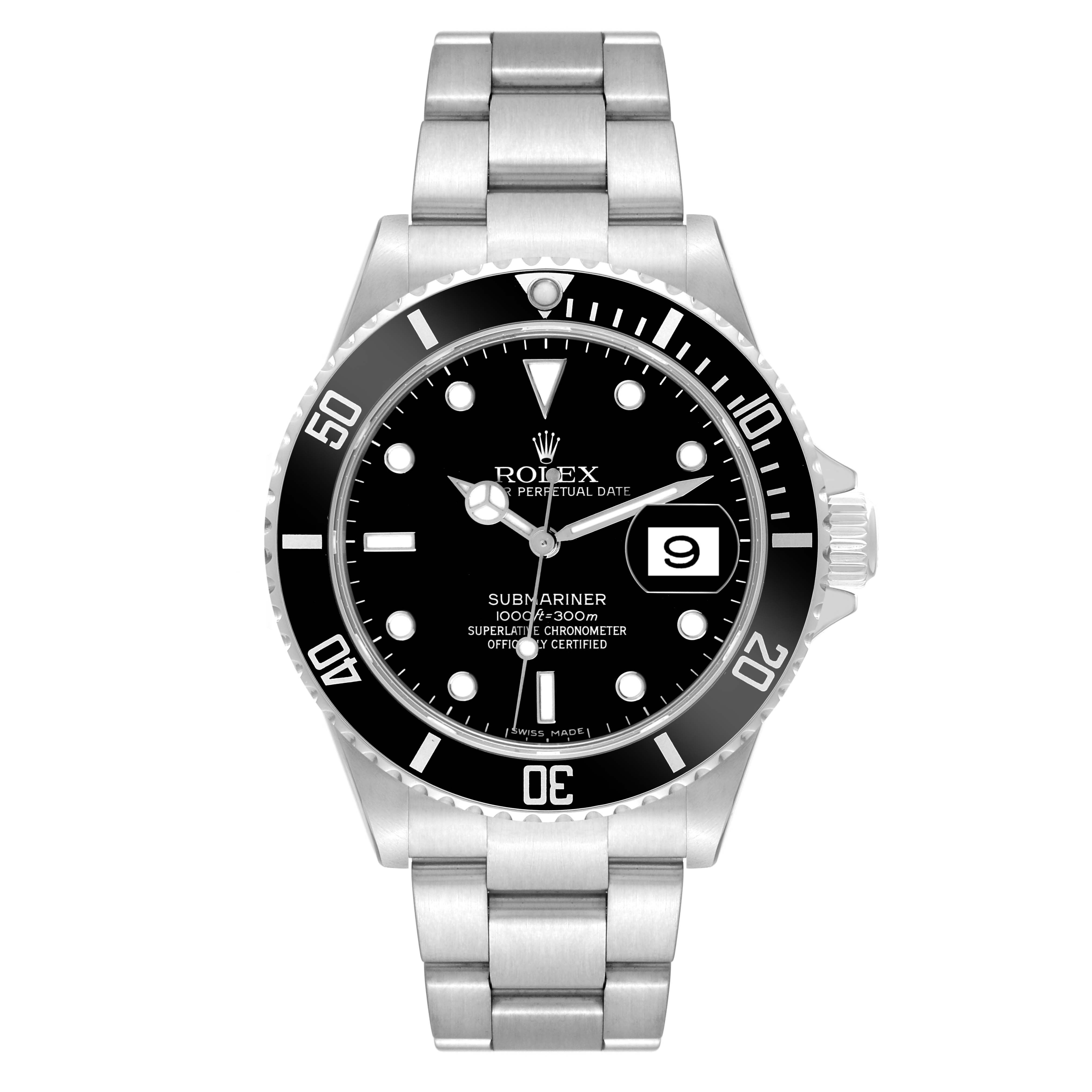 The image shows a front view of the Rolex Submariner 16610 Men's Stainless Steel Black Dial 16610 Men's Stainless Steel Black Dial watch, displaying its dial, bezel, and bracelet.