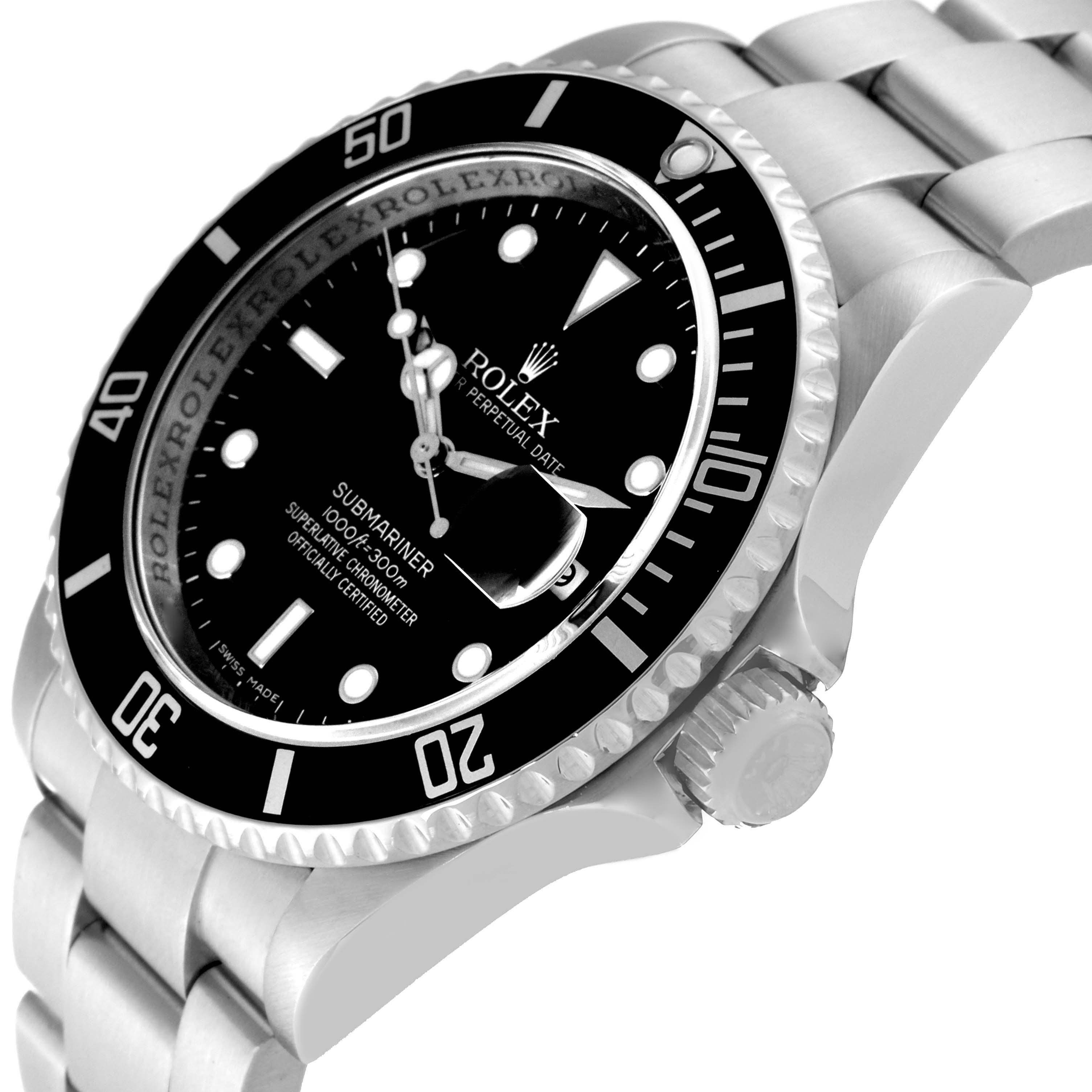The image shows a side angle of a Rolex Submariner 16610 Men's Stainless Steel Black Dial 16610 Men's Stainless Steel Black Dial watch, highlighting the dial, bezel, crown, and part of the bracelet.