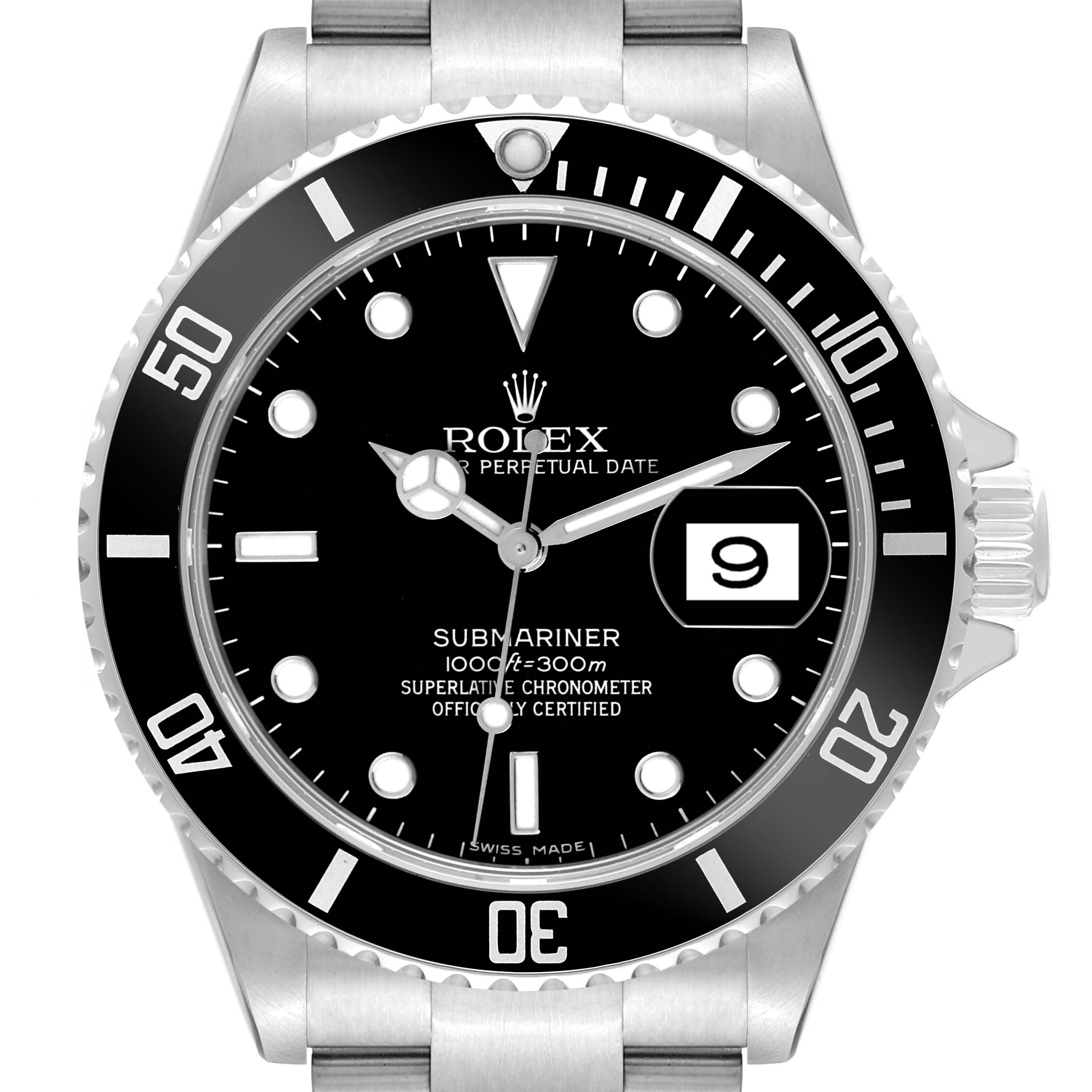 This image shows a front view of a Rolex Submariner 16610 Men's Stainless Steel Black Dial 16610 Men's Stainless Steel Black Dial watch, highlighting its black dial, date window, and markings.