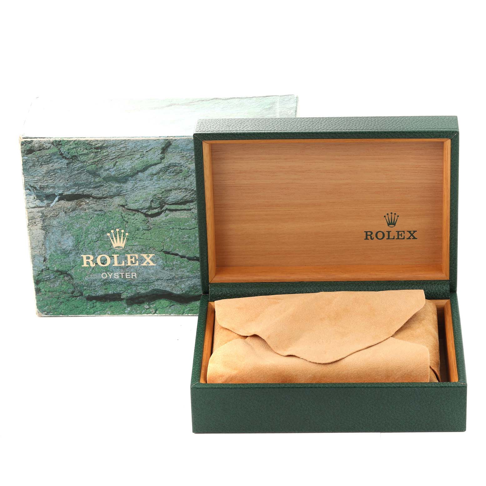 The image displays the open packaging box for a Rolex Submariner 16610 Men
s Stainless Steel Black Dial 16610 Men
s Stainless Steel Black Dial, featuring the outer box, inner box, and watch cushion.