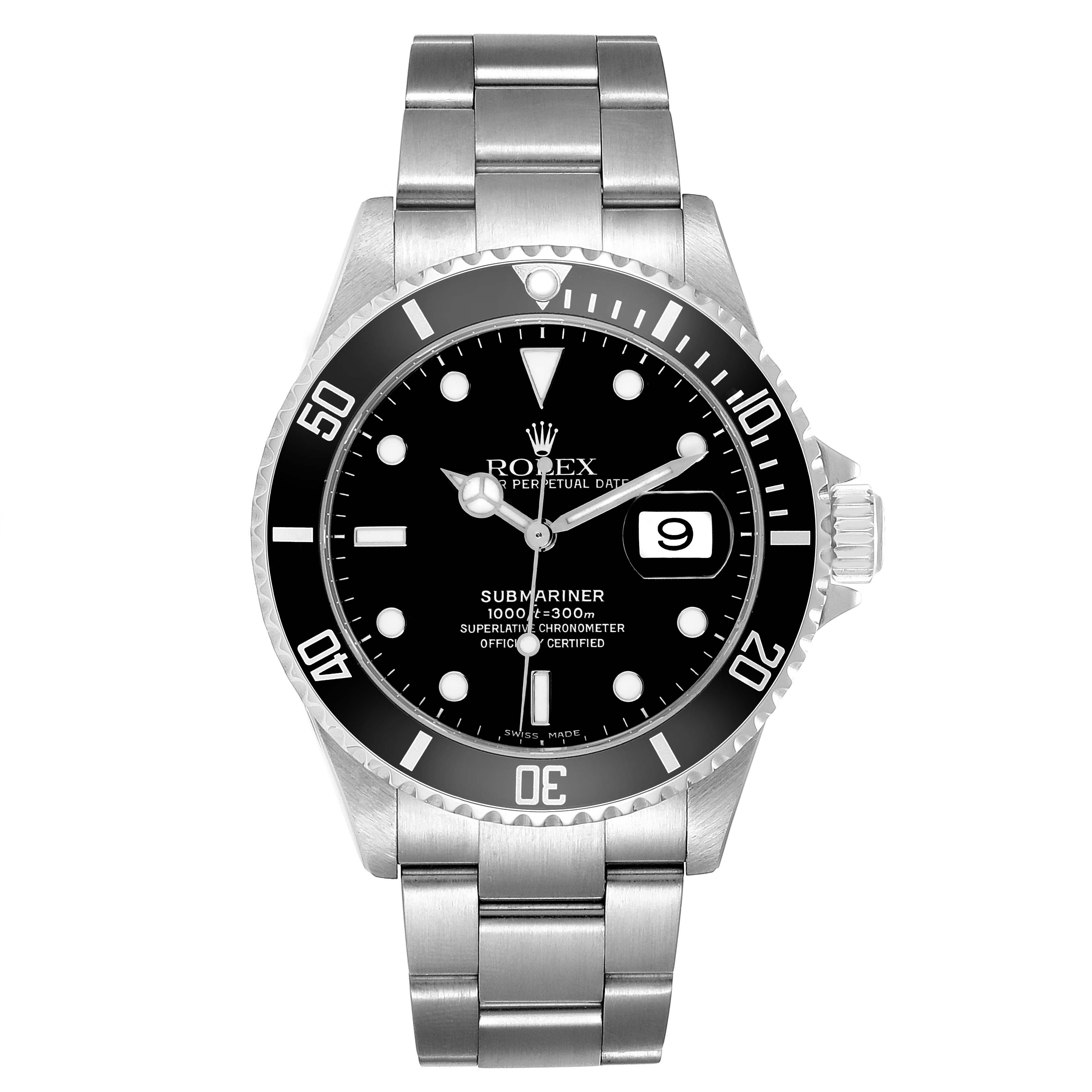 The image shows a front view of the Rolex Submariner 16610 Men
s Stainless Steel Black Dial 16610 Men
s Stainless Steel Black Dial watch, highlighting its dial, bezel, bracelet, and crown.