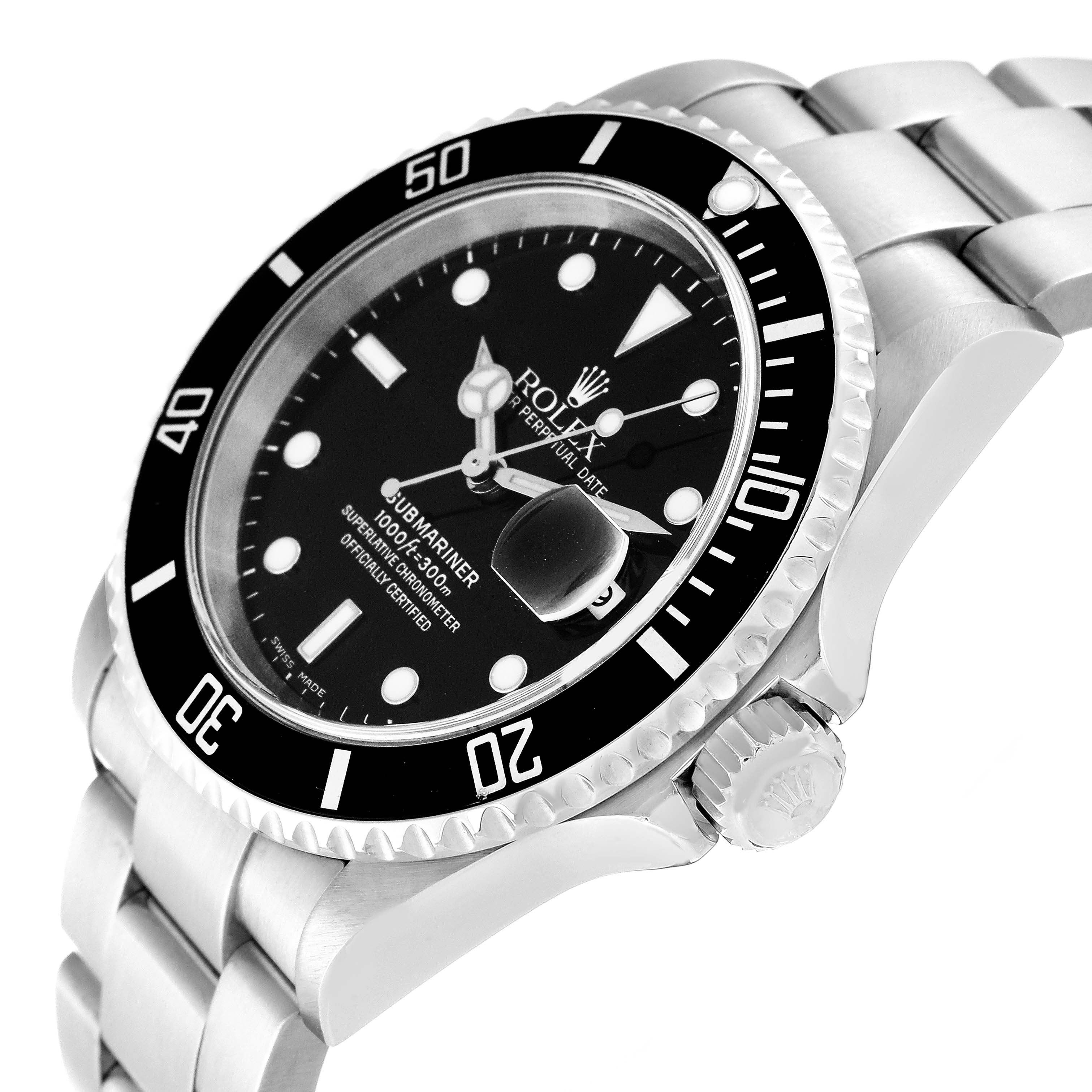 The image shows a close-up angle of the Rolex Submariner 16610 Men
s Stainless Steel Black Dial 16610 Men
s Stainless Steel Black Dial watch, highlighting the bezel, dial, crown, and part of the bracelet.