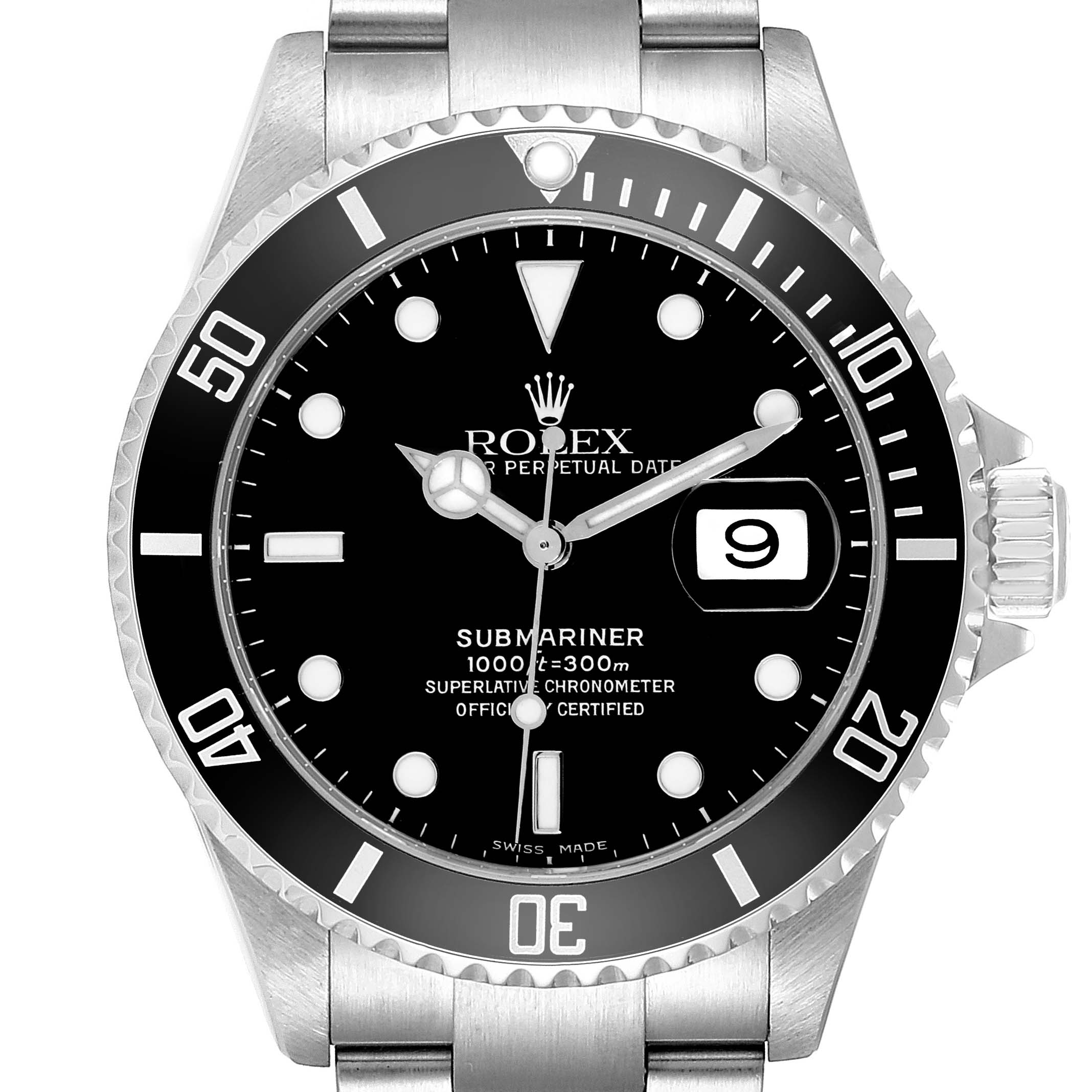 The image shows a front view of a Rolex Submariner 16610 Men
s Stainless Steel Black Dial 16610 Men
s Stainless Steel Black Dial watch, highlighting the dial, bezel, and part of the stainless steel bracelet.